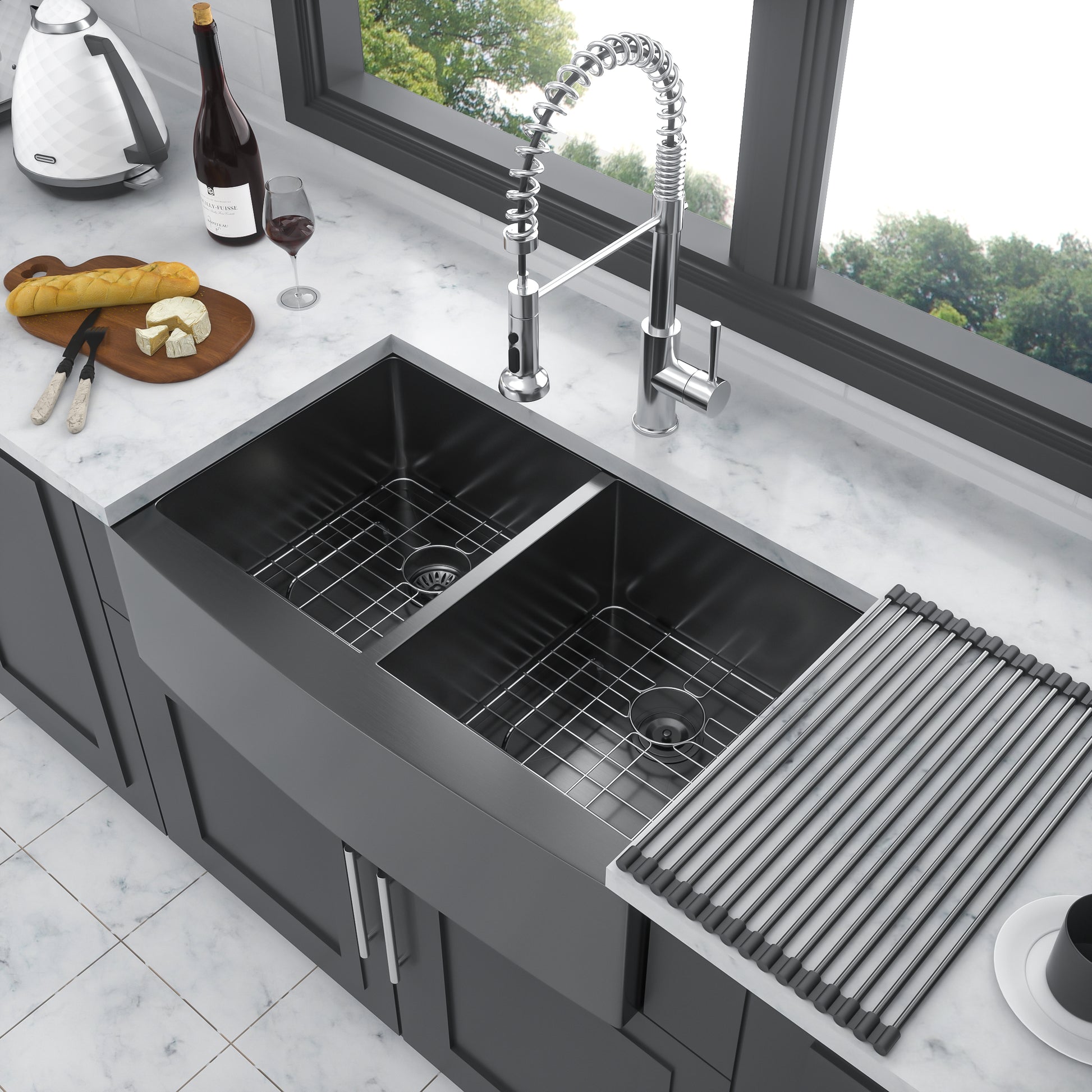 Gunmetal Black Double Bowl 50 50 Farmhouse Sink 33"X21"X10"Stainless Steel Apron Front Kitchen Sink 16 Gauge With Two 10" Deep Basin Gunmetal Black Stainless Steel