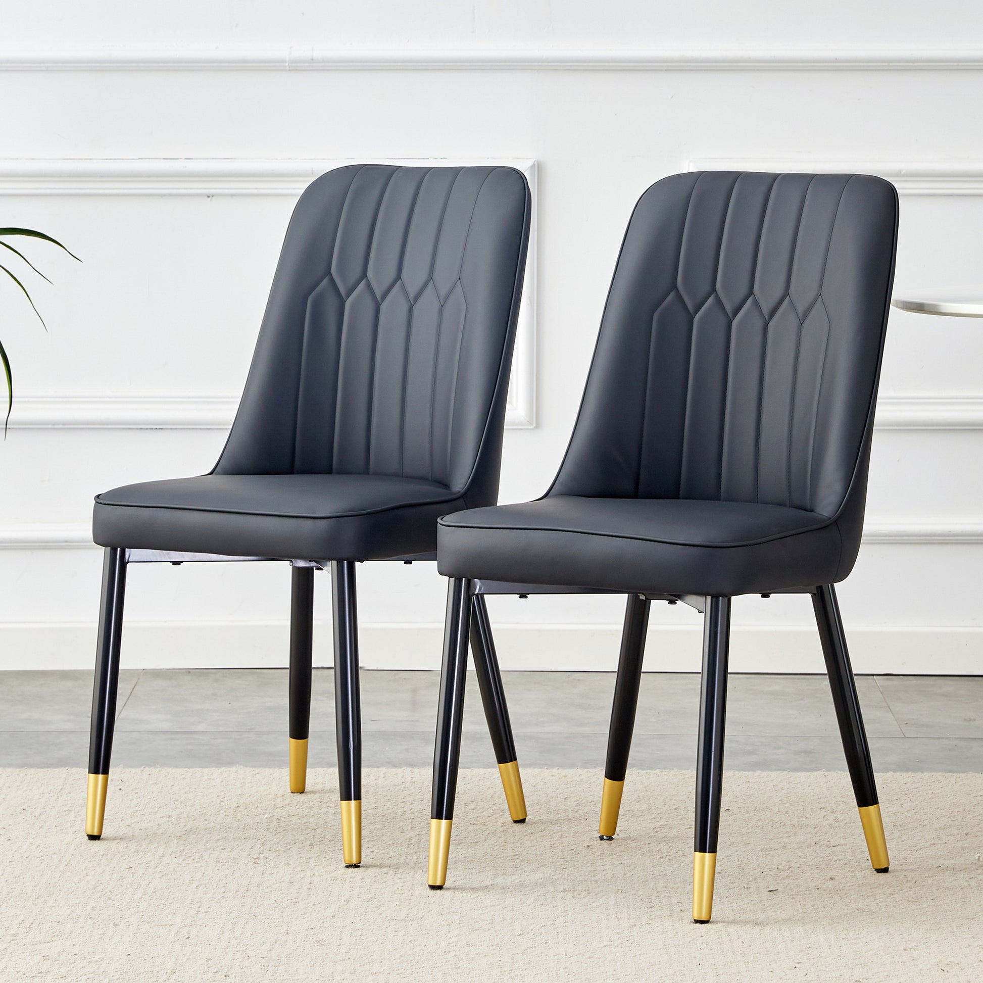 Table And Chair Set, 1 Table With 6 Black Pu Chairs. White Imitation Marble Pattern Desktop. Black Mdf Table Legs, Gold Lines, Black Base. F Sq C 007 White Mdf Glass