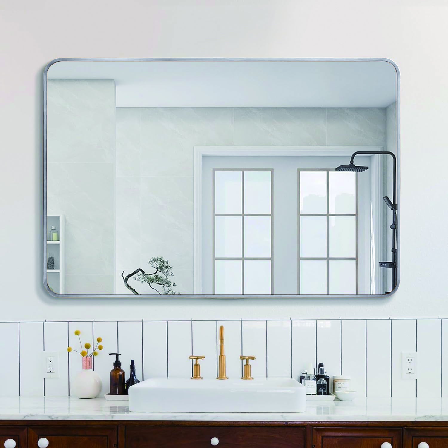 Silver 30 "X40" Rectangular Bathroom Wall Mirror Black Classic,Modern Mdf Glass Aluminium