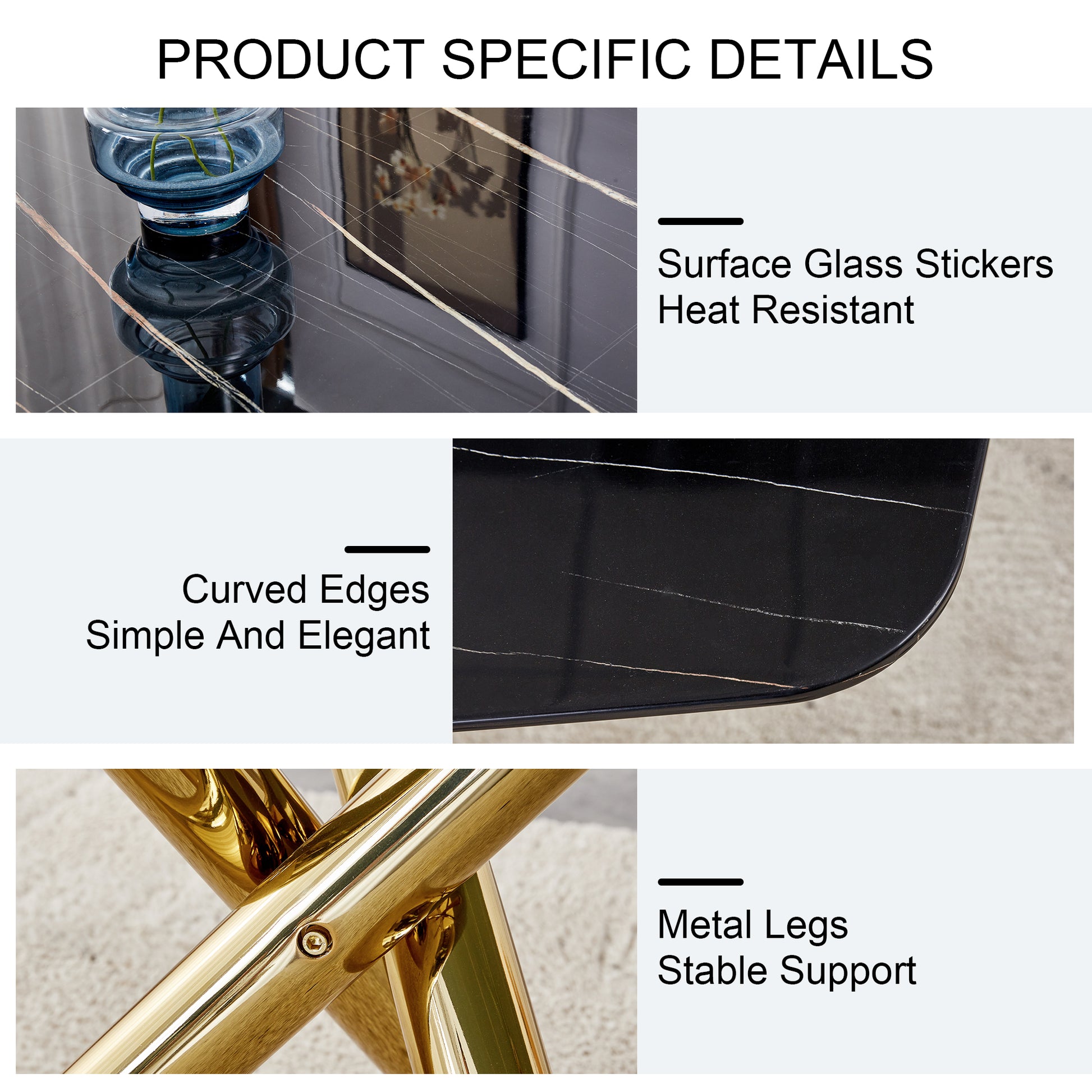 Large Modern Minimalist Rectangular Glass Dining Table 0.39" Fibertempering Glass Imitation Marble Black Desktop And Golden Metal Legs, For Kitchen Dining Living Meeting Room Banquet Hal Black Glass