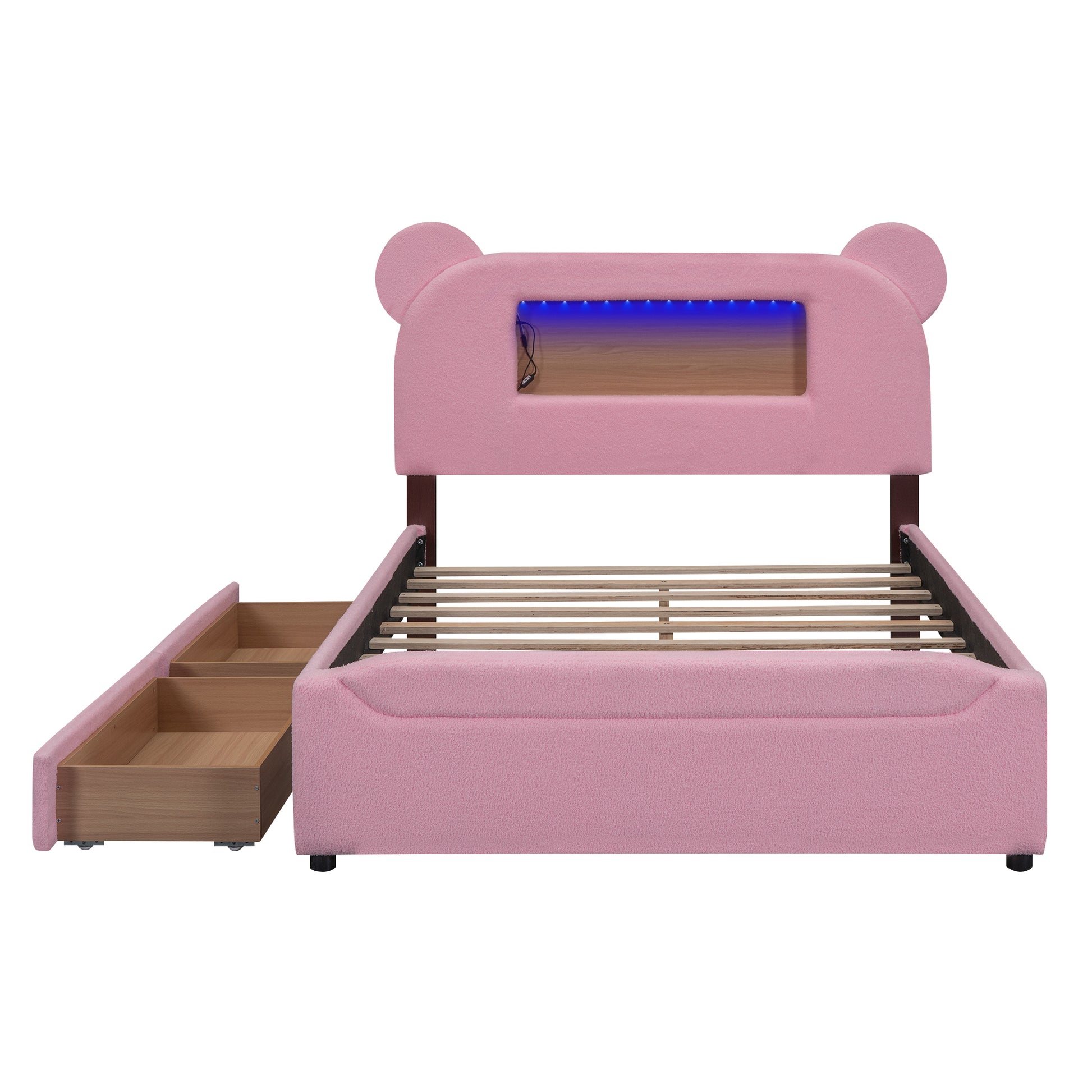 Full Size Upholstered Storage Platform Bed With Cartoon Ears Headboard, Led And Usb, Pink Box Spring Not Required Full Pink Wood Bedroom Bed Frame Upholstered