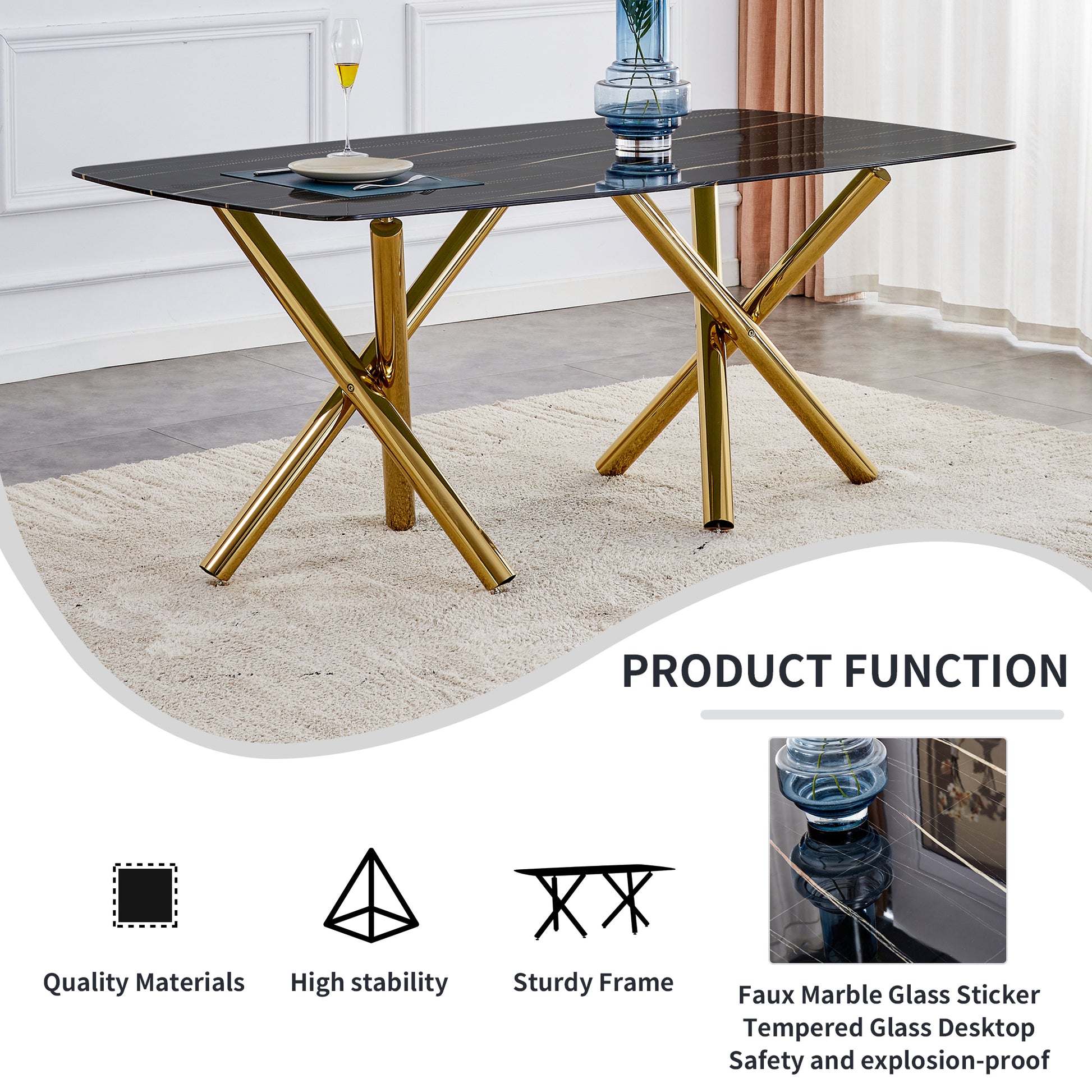 Large Modern Minimalist Rectangular Glass Dining Table 0.39" Fibertempering Glass Imitation Marble Black Desktop And Golden Metal Legs, For Kitchen Dining Living Meeting Room Banquet Hal Black Glass
