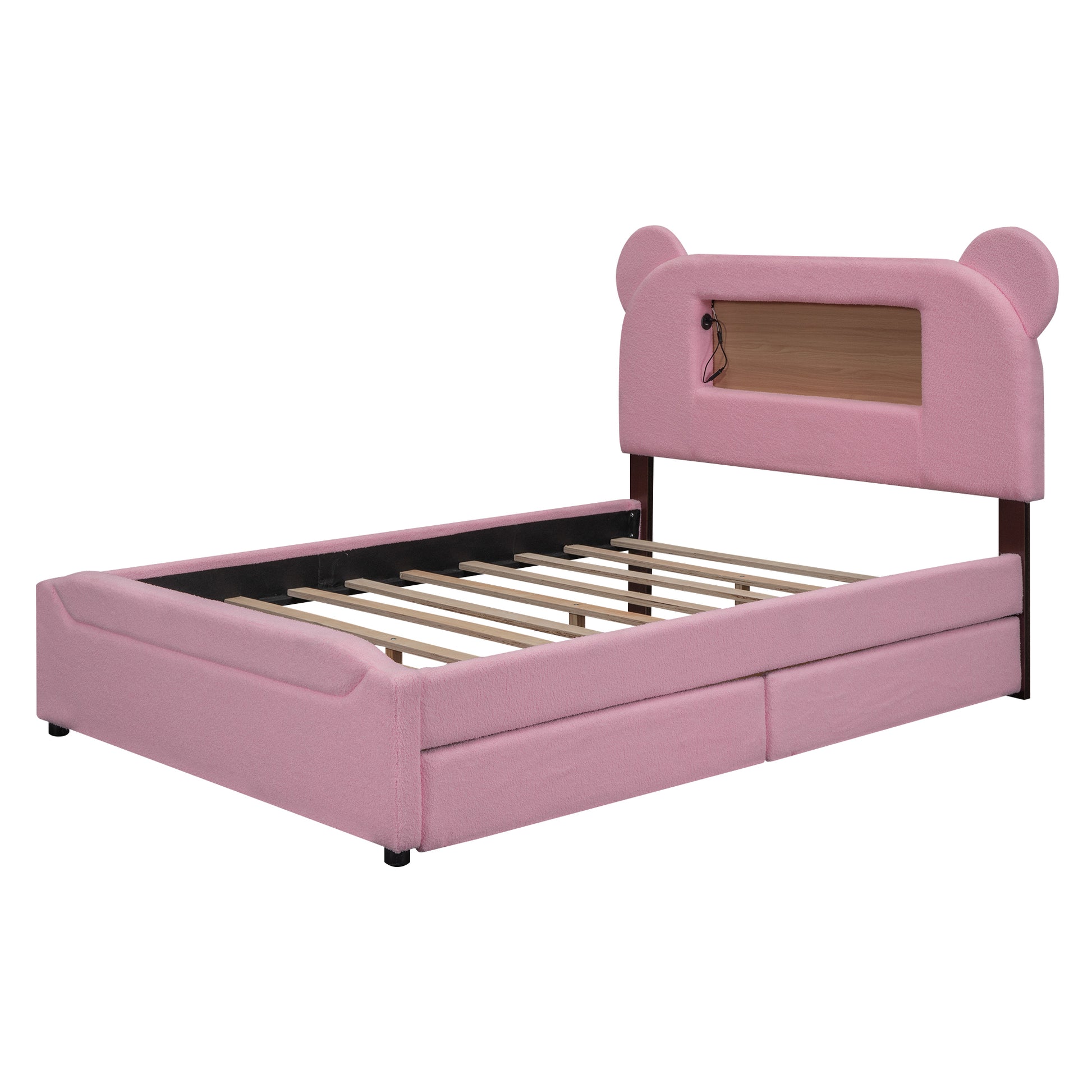 Full Size Upholstered Storage Platform Bed With Cartoon Ears Headboard, Led And Usb, Pink Box Spring Not Required Full Pink Wood Bedroom Bed Frame Upholstered