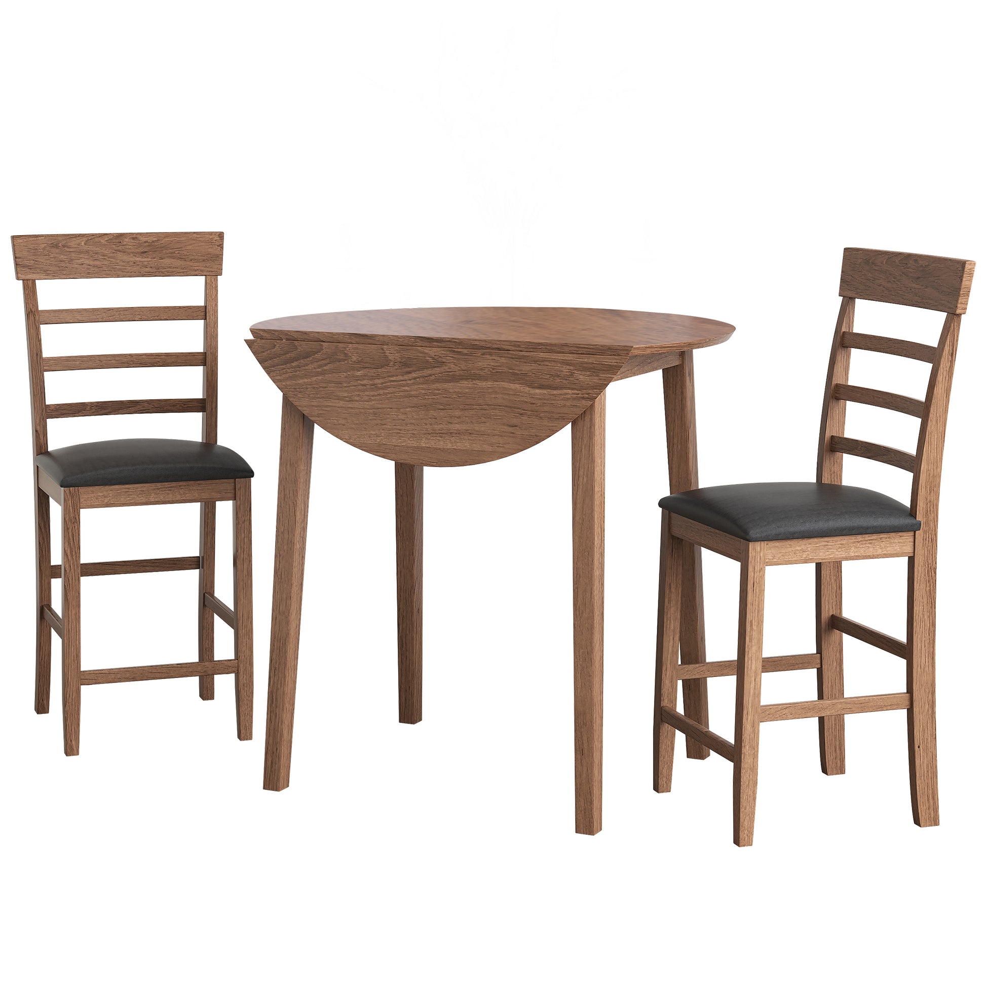 3Pcs Retro Round Counter Height Drop Leaf Table With 2 Upholstered Chairs Rubber Wood Dining Table Set Pub Set With Pu Leather Cushion For Small Space Kitchen Walnut Color Walnut Rubber Wood