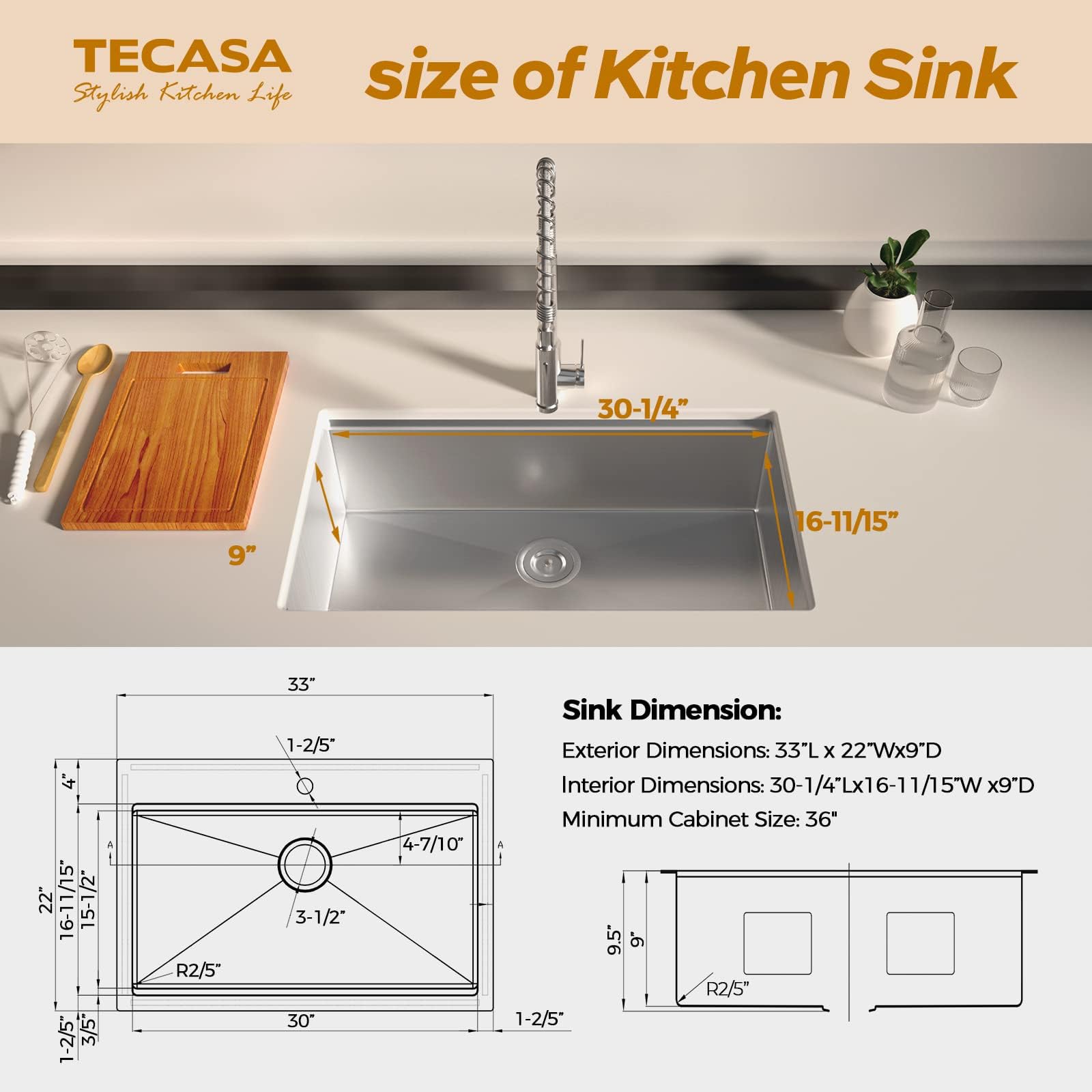 Tecasa 33 Inch Kitchen Sink Dual Mount Undermount Or Drop In Sink With Faucet Combo, All In One Single Bowl Stainless Steel Sink Silver Stainless Steel