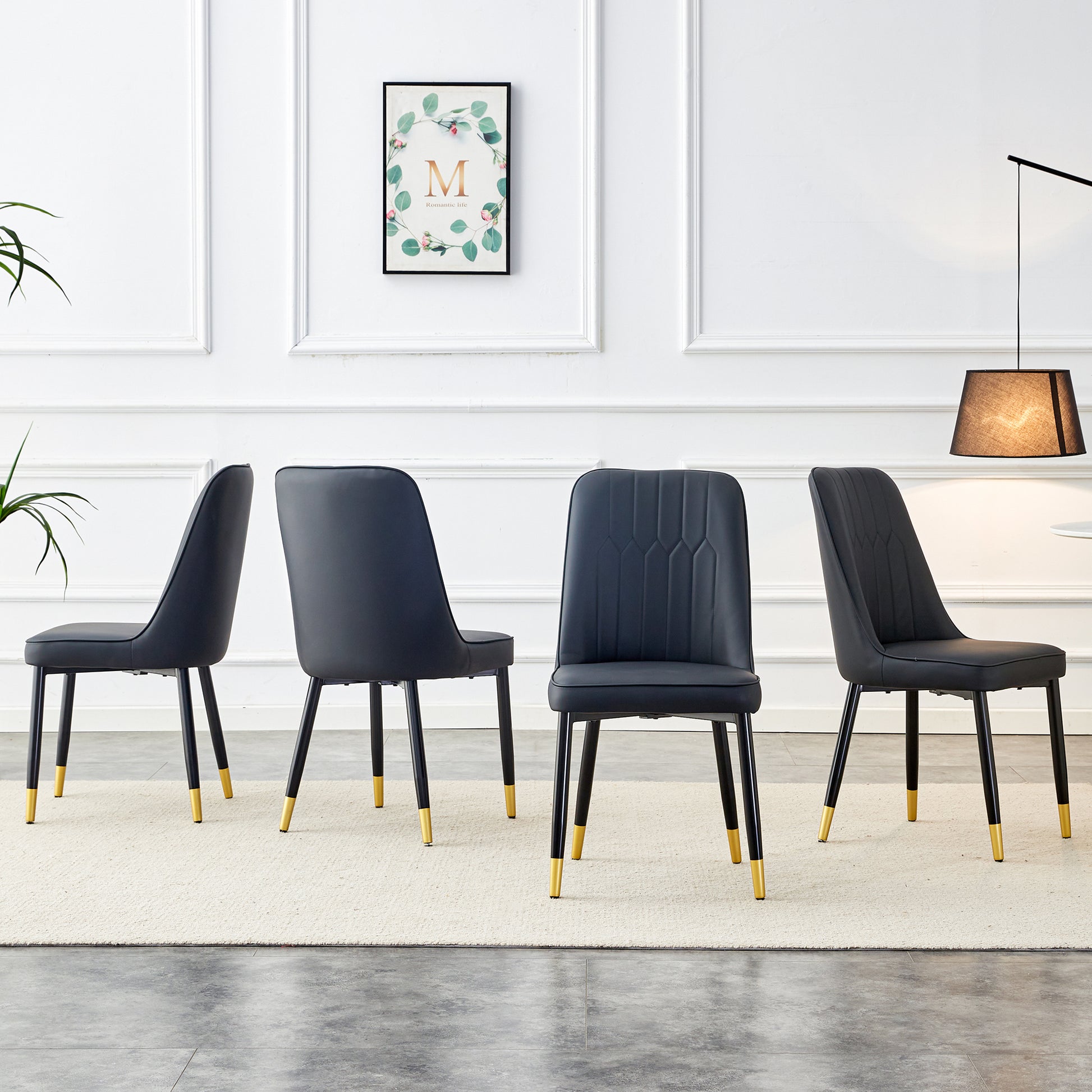 Table And Chair Set, 1 Table With 4 Black Pu Chairs. White Imitation Marble Pattern Desktop. Black Mdf Table Legs, Gold Lines, Black Base. F Sq C 007 White Mdf Glass