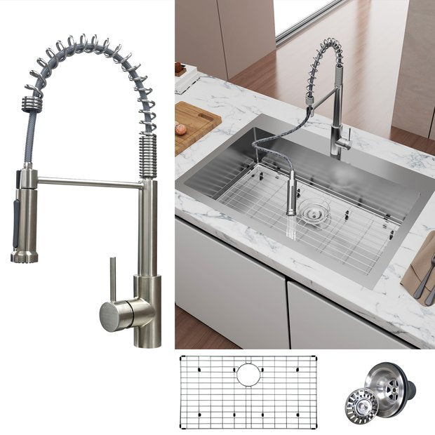 Tecasa 33 Inch Kitchen Sink Dual Mount Undermount Or Drop In Sink With Faucet Combo, All In One Single Bowl Stainless Steel Sink Silver Stainless Steel