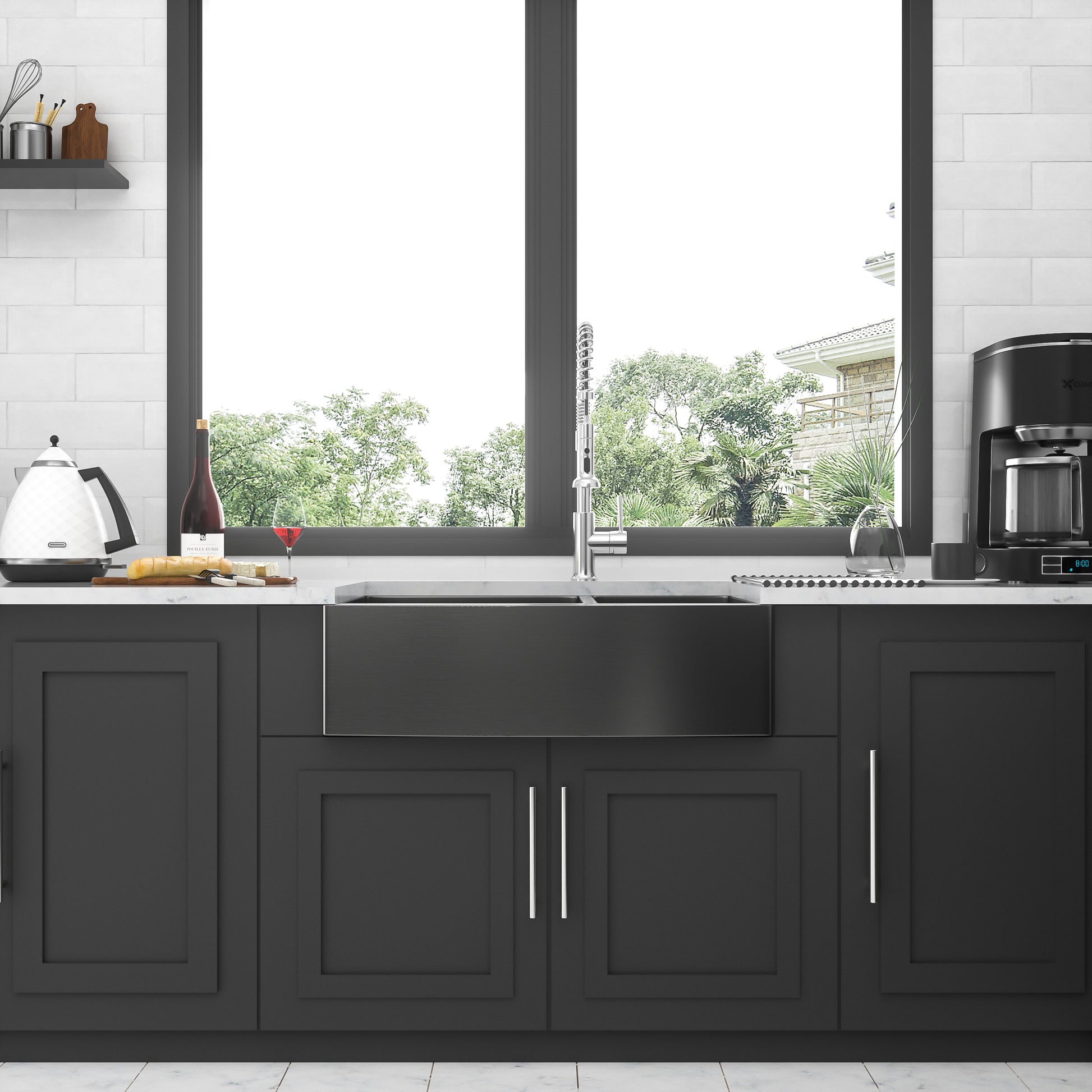 Gunmetal Black Double Bowl 60 40 Farmhouse Sink 33"X21"X10"Stainless Steel Apron Front Kitchen Sink 16 Gauge With Two 10" Deep Basin Gunmetal Black Stainless Steel