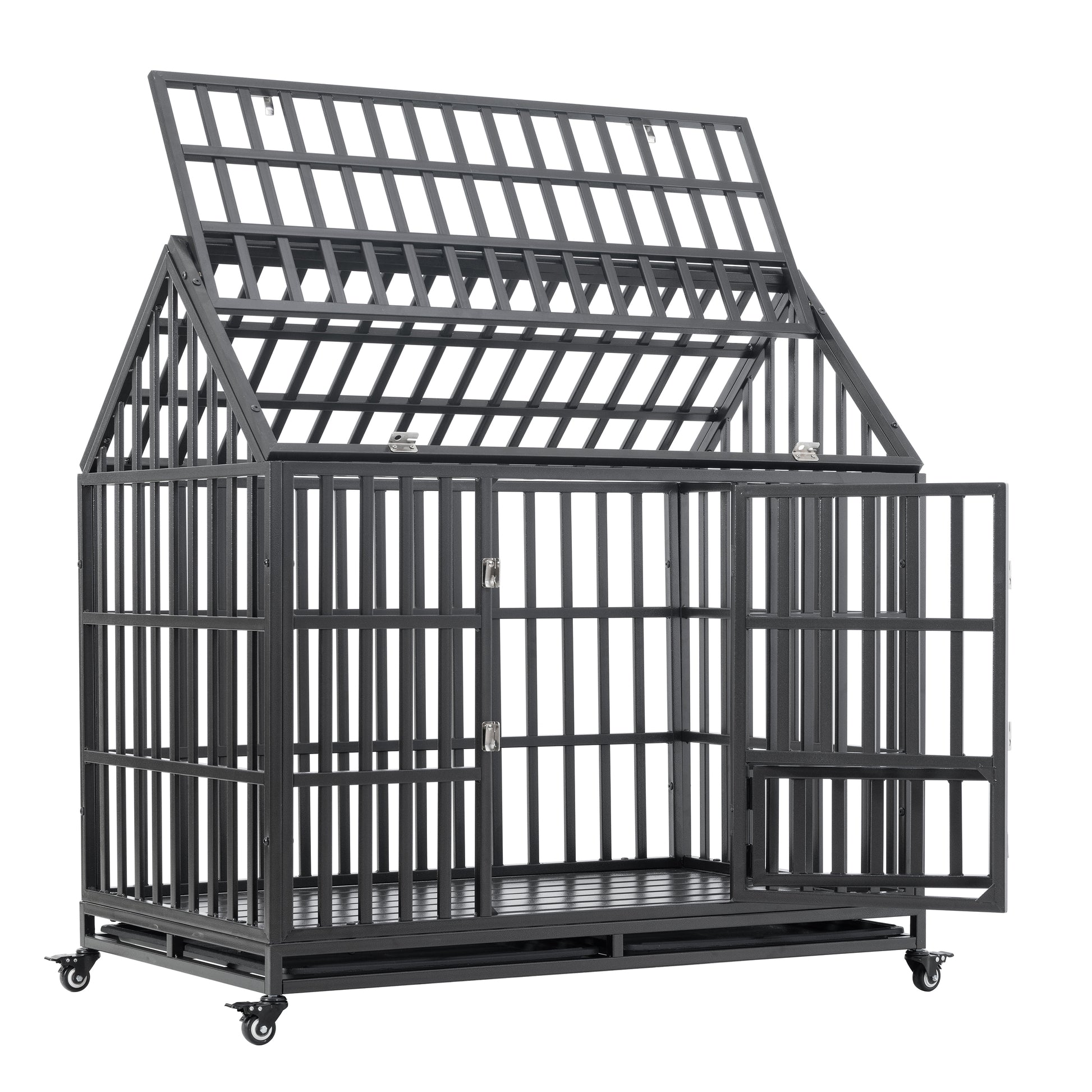 Heavy Duty Dog Cage Pet Crate With Roof & Window On Roof Black Carbon Steel