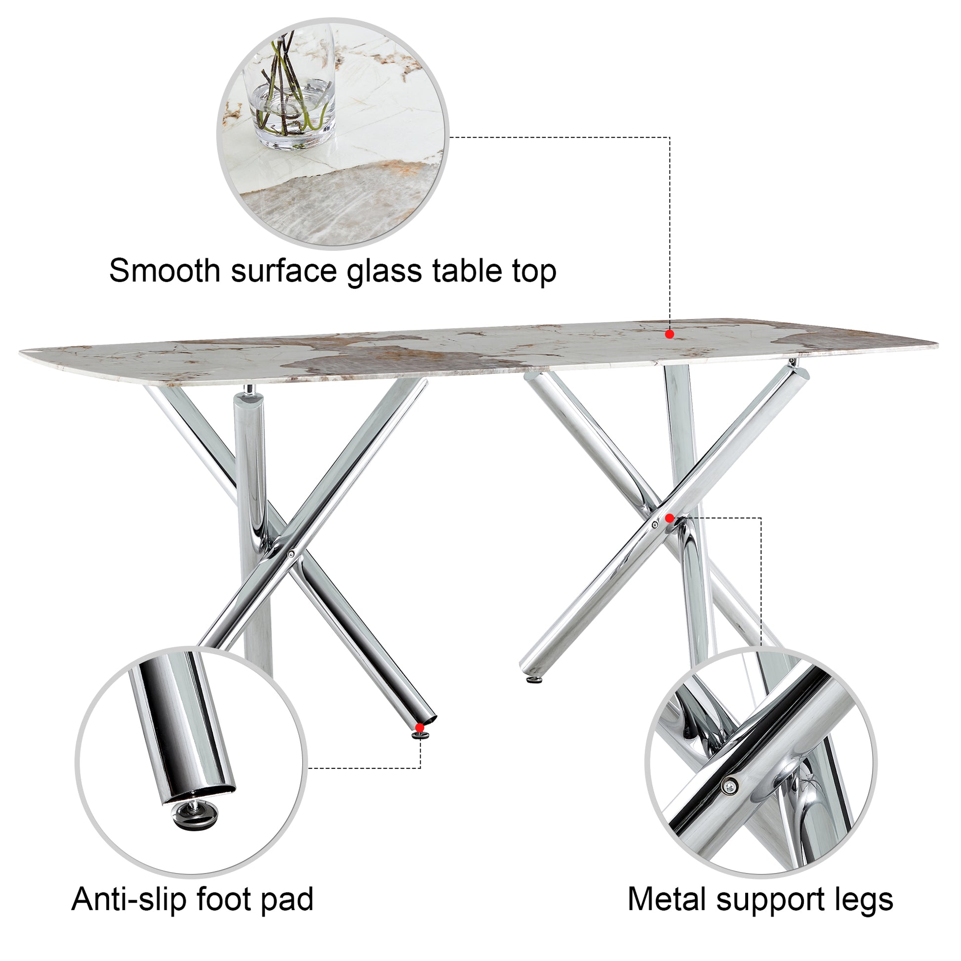 Large Modern Minimalist Rectangular Tempering Glass Dining Table For 6 8 With 0.39" Tempering Glass Tabletop And Metal Legs, For Kitchen Dining Living Meeting Room Banquet Hall, 71" W X 39" D X30" H White Glass