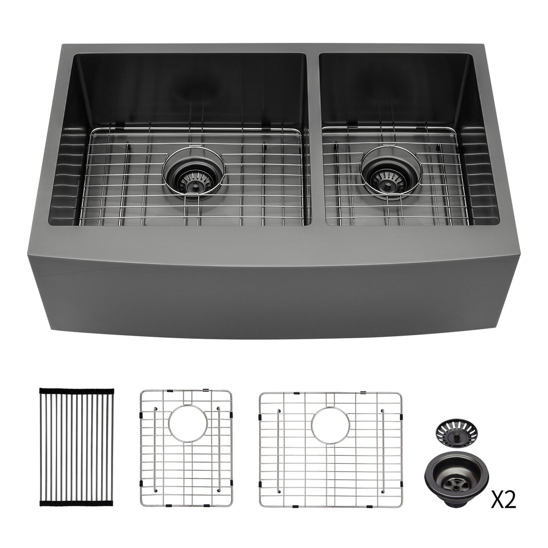 Gunmetal Black Double Bowl 60 40 Farmhouse Sink 36"X21"X10"Stainless Steel Apron Front Kitchen Sink 16 Gauge With Two 10" Deep Basin Gunmetal Black Stainless Steel