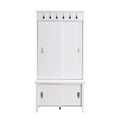 Multifunctional Hall Tree With Sliding Doors, Wooden Hallway Shoe Cabinet With Storage Bench And Shelves, Mudroom Coat Storage With Hanging Hooks For Entryways, White White Mdf