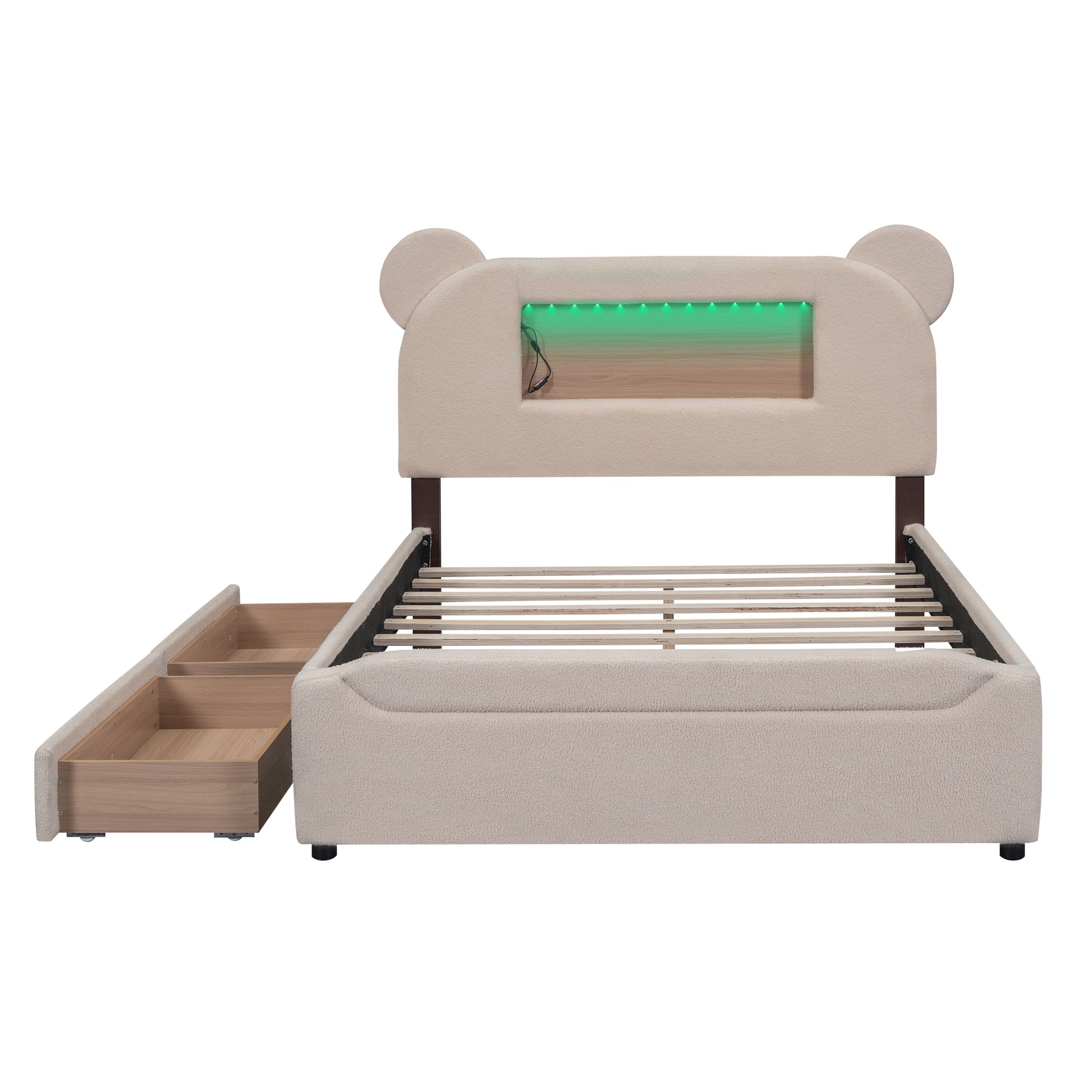 Full Size Upholstered Storage Platform Bed With Cartoon Ears Shaped Headboard, Led And Usb, Beige Box Spring Not Required Full Beige Wood Bedroom Bed Frame Upholstered