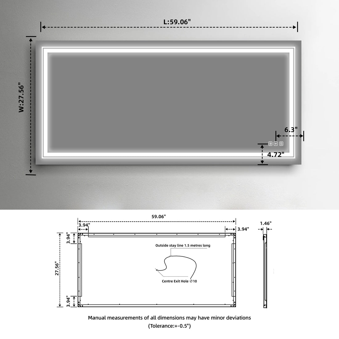 6028 Inch Bathroom Led Mirror Anti Fog Mirror With Button Silver Glass