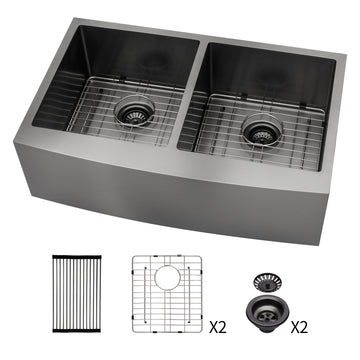 Gunmetal Black Double Bowl 50 50 Farmhouse Sink 36"X21"X10"Stainless Steel Apron Front Kitchen Sink 16 Gauge With Two 10" Deep Basin Gunmetal Black Stainless Steel