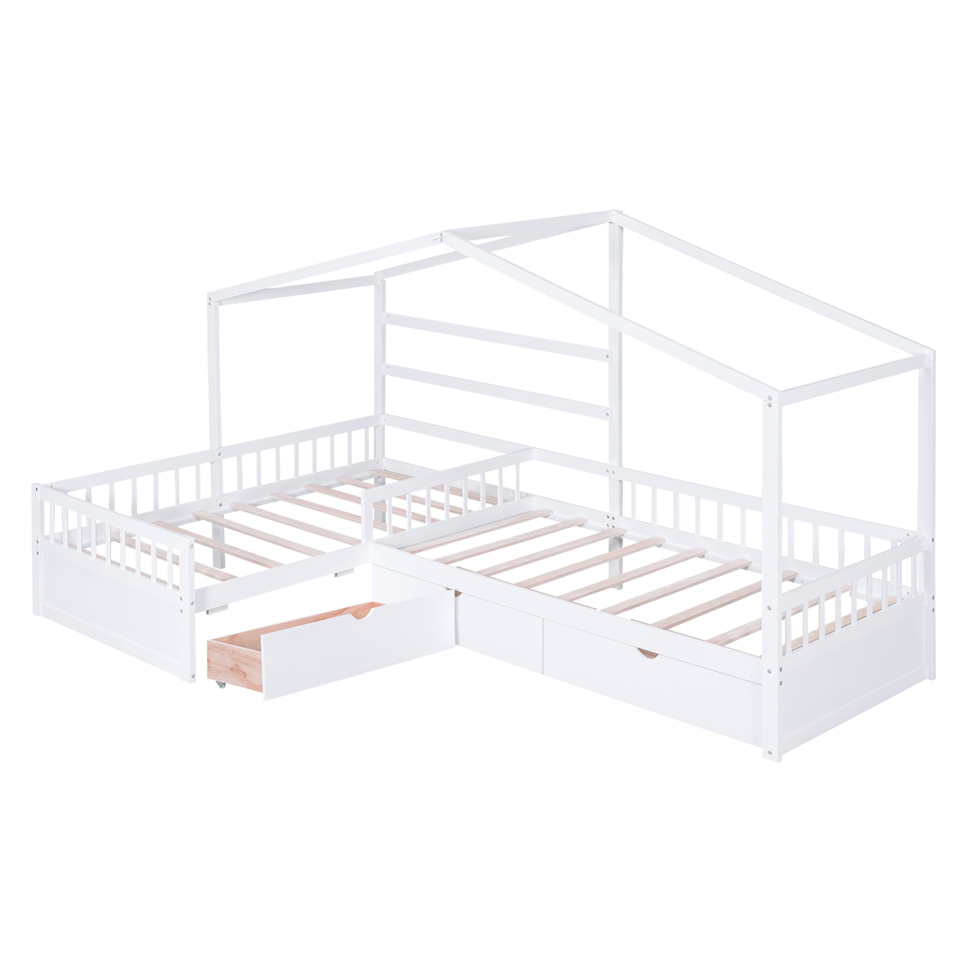 Twin Size House Platform Bed With Three Storage Drawers,White Box Spring Not Required Twin White Wood Bedroom Pine