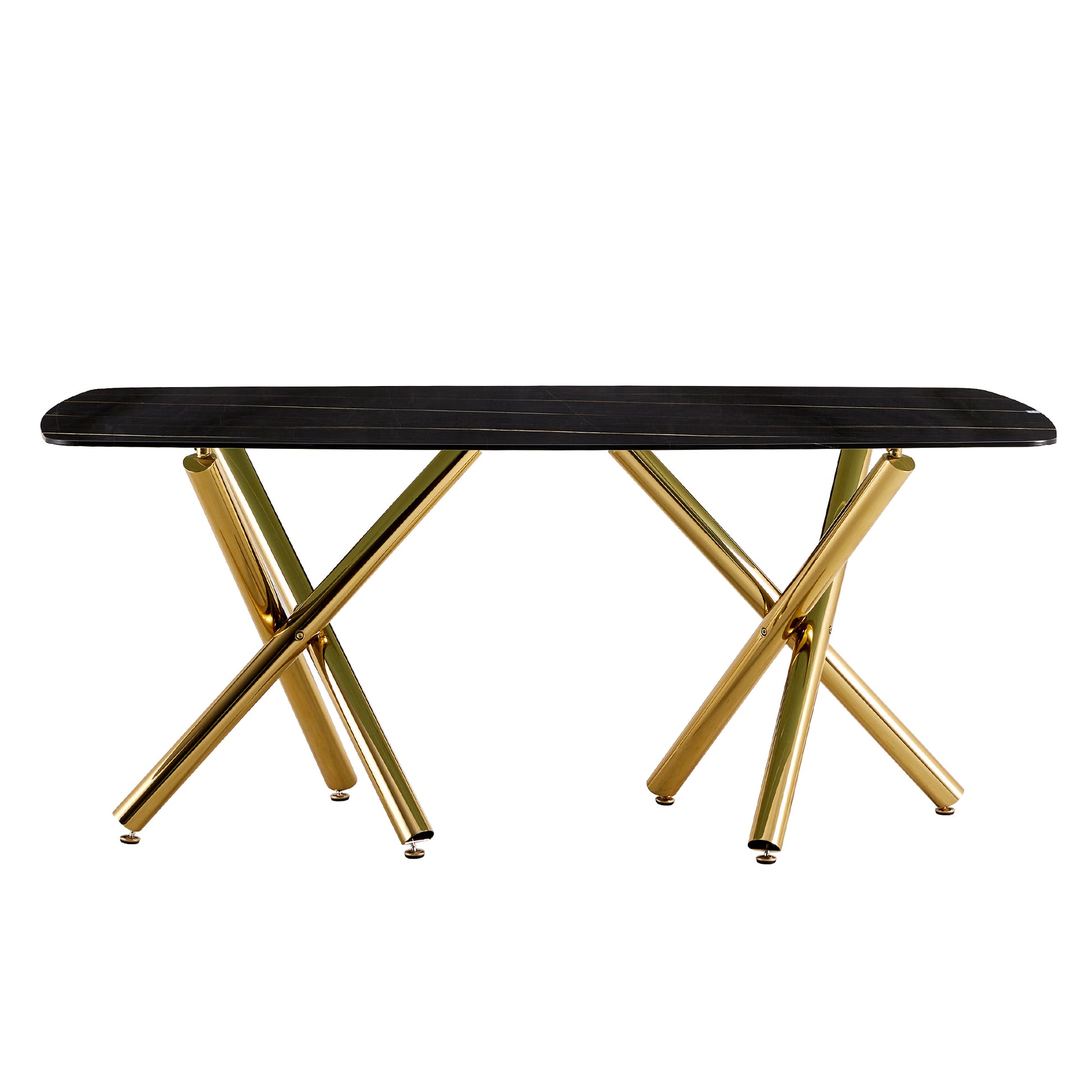 Large Modern Minimalist Rectangular Glass Dining Table 0.39" Fibertempering Glass Imitation Marble Black Desktop And Golden Metal Legs, For Kitchen Dining Living Meeting Room Banquet Hal Black Glass