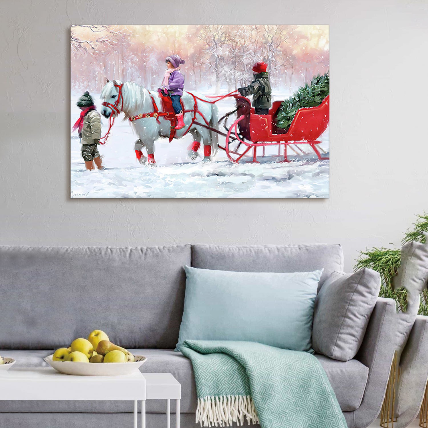 Framed Canvas Wall Art Decor Painting For Chrismas, White Horse With Sledge Chrismas Gift Painting For Chrismas Gift, Decoration For Chrismas Eve Office Living Room, Bedroom Decor Ready To Hang Rectangle Framed Multicolor Christmas Oversized 41In Canvas