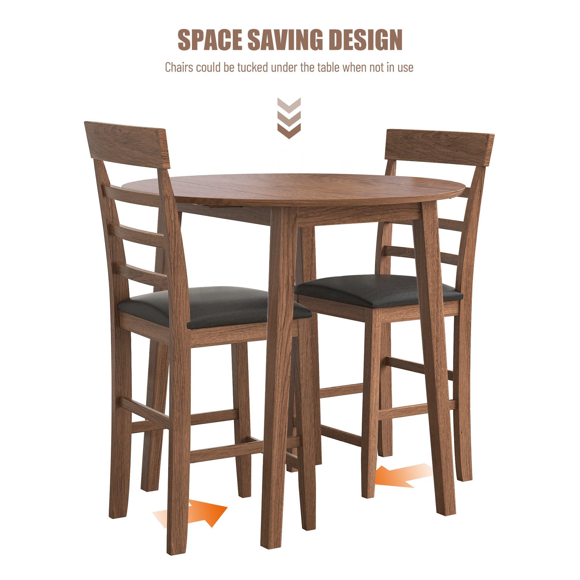 3Pcs Retro Round Counter Height Drop Leaf Table With 2 Upholstered Chairs Rubber Wood Dining Table Set Pub Set With Pu Leather Cushion For Small Space Kitchen Walnut Color Walnut Rubber Wood