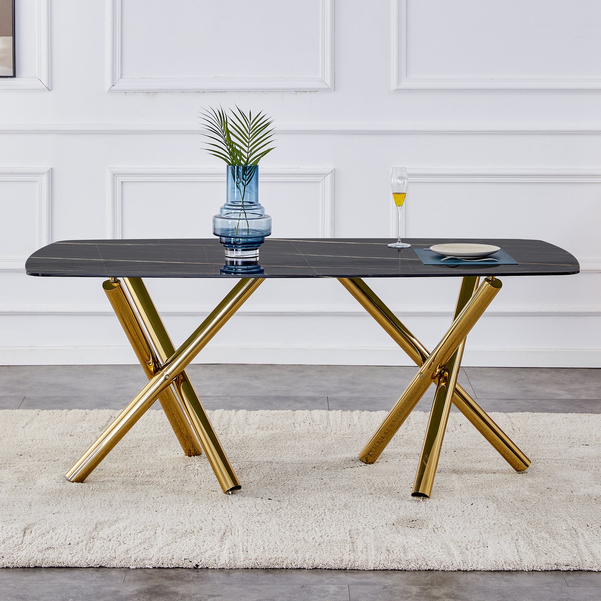 Large Modern Minimalist Rectangular Glass Dining Table 0.39" Fibertempering Glass Imitation Marble Black Desktop And Golden Metal Legs, For Kitchen Dining Living Meeting Room Banquet Hal Black Glass