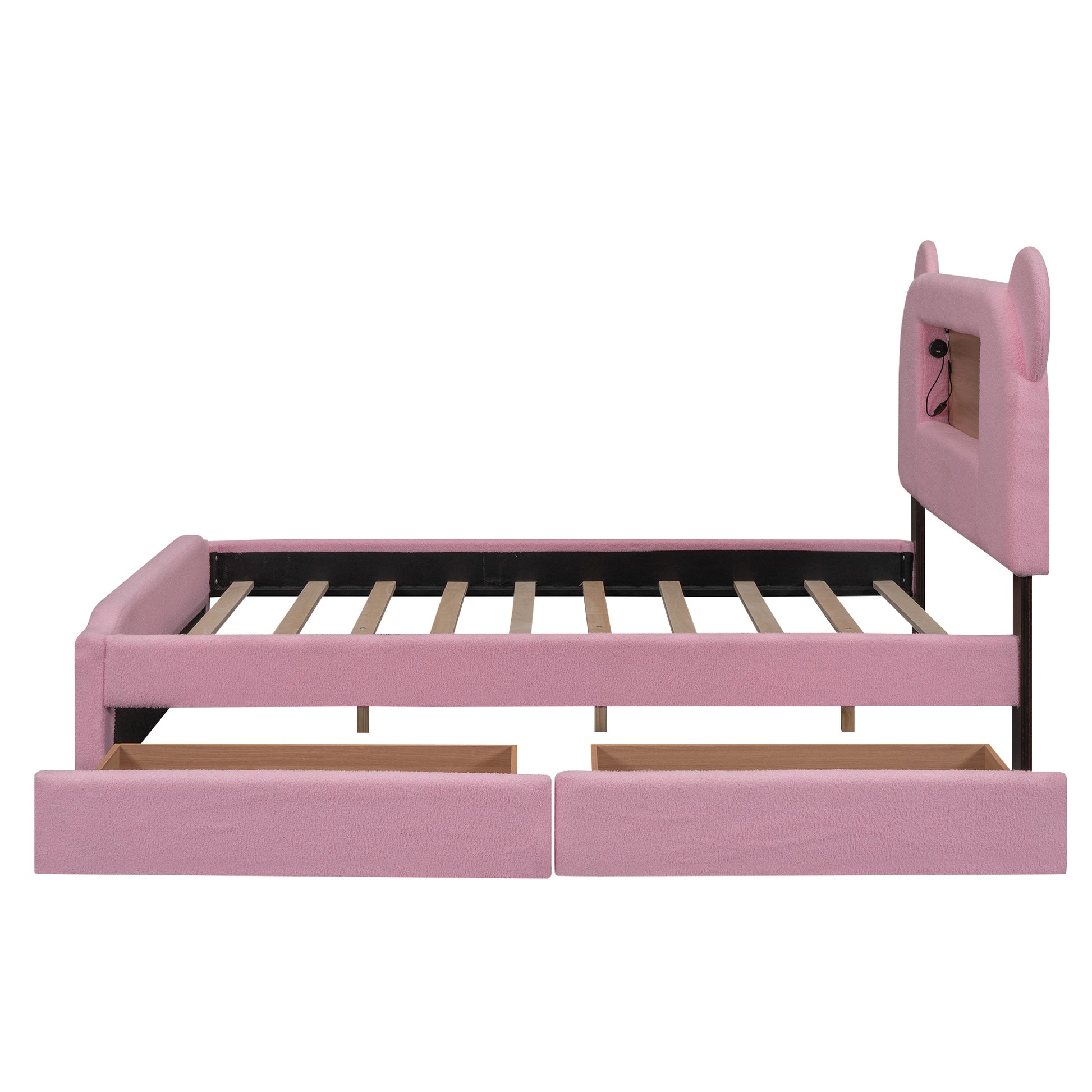 Full Size Upholstered Storage Platform Bed With Cartoon Ears Headboard, Led And Usb, Pink Box Spring Not Required Full Pink Wood Bedroom Bed Frame Upholstered