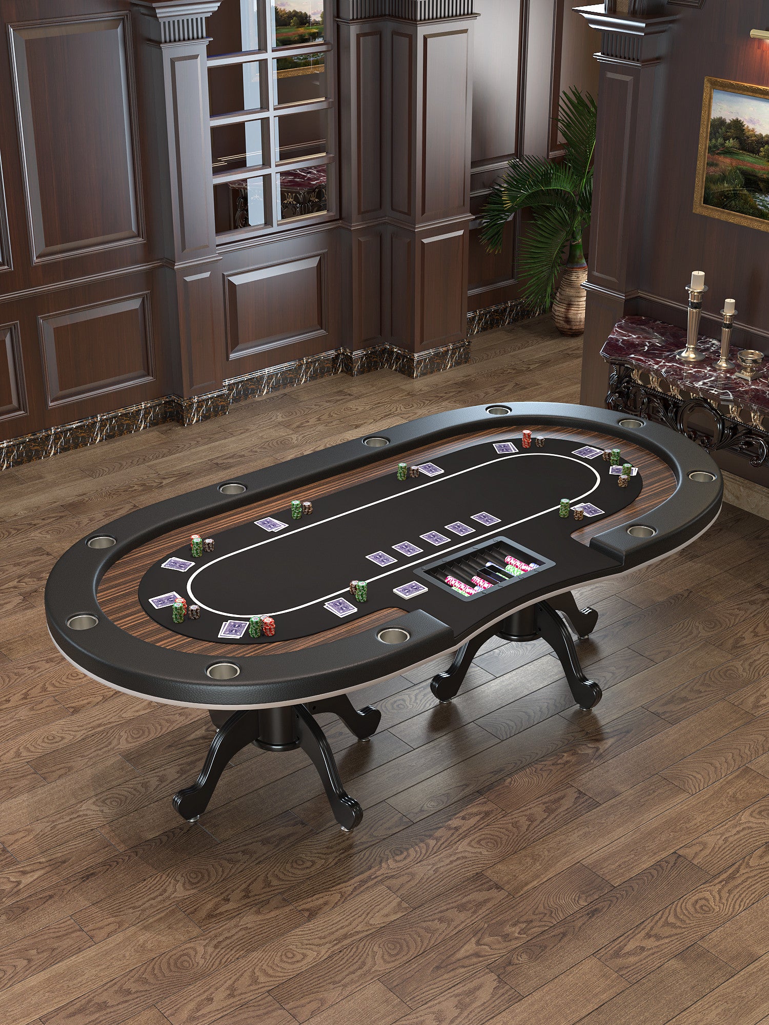 96" Premium Oval Speed Cloth Texas Hold'Em Casino Game Poker Table With Chip Tray Black Wood