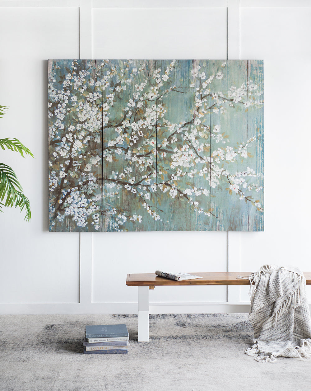 18.5" X 59" Saison White Cherry Blossom Canvas Print, Wall Decor For Living Room Bedrrom Entryway Office, Set Of 4 Multicolor Mdf