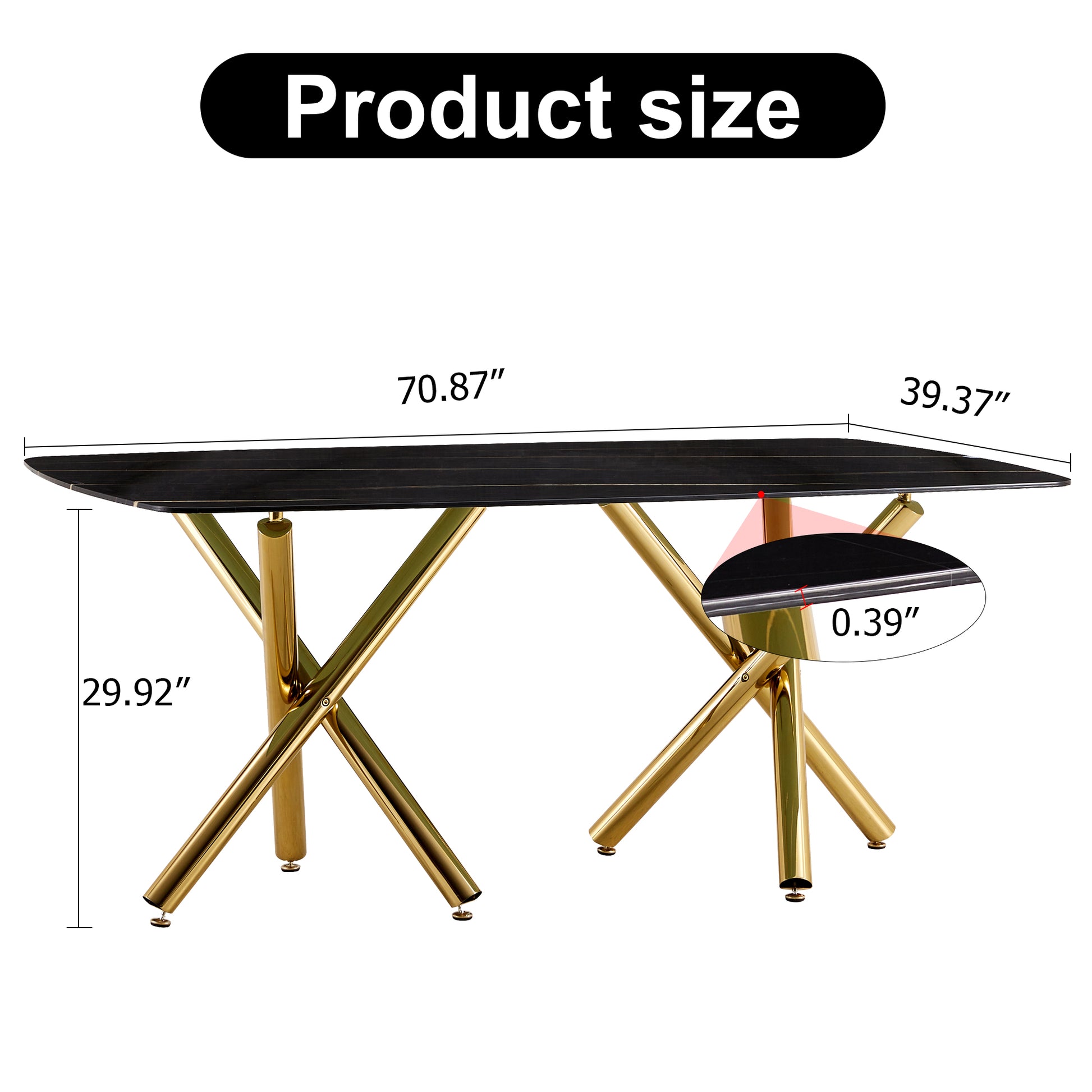 Large Modern Minimalist Rectangular Glass Dining Table 0.39" Fibertempering Glass Imitation Marble Black Desktop And Golden Metal Legs, For Kitchen Dining Living Meeting Room Banquet Hal Black Glass