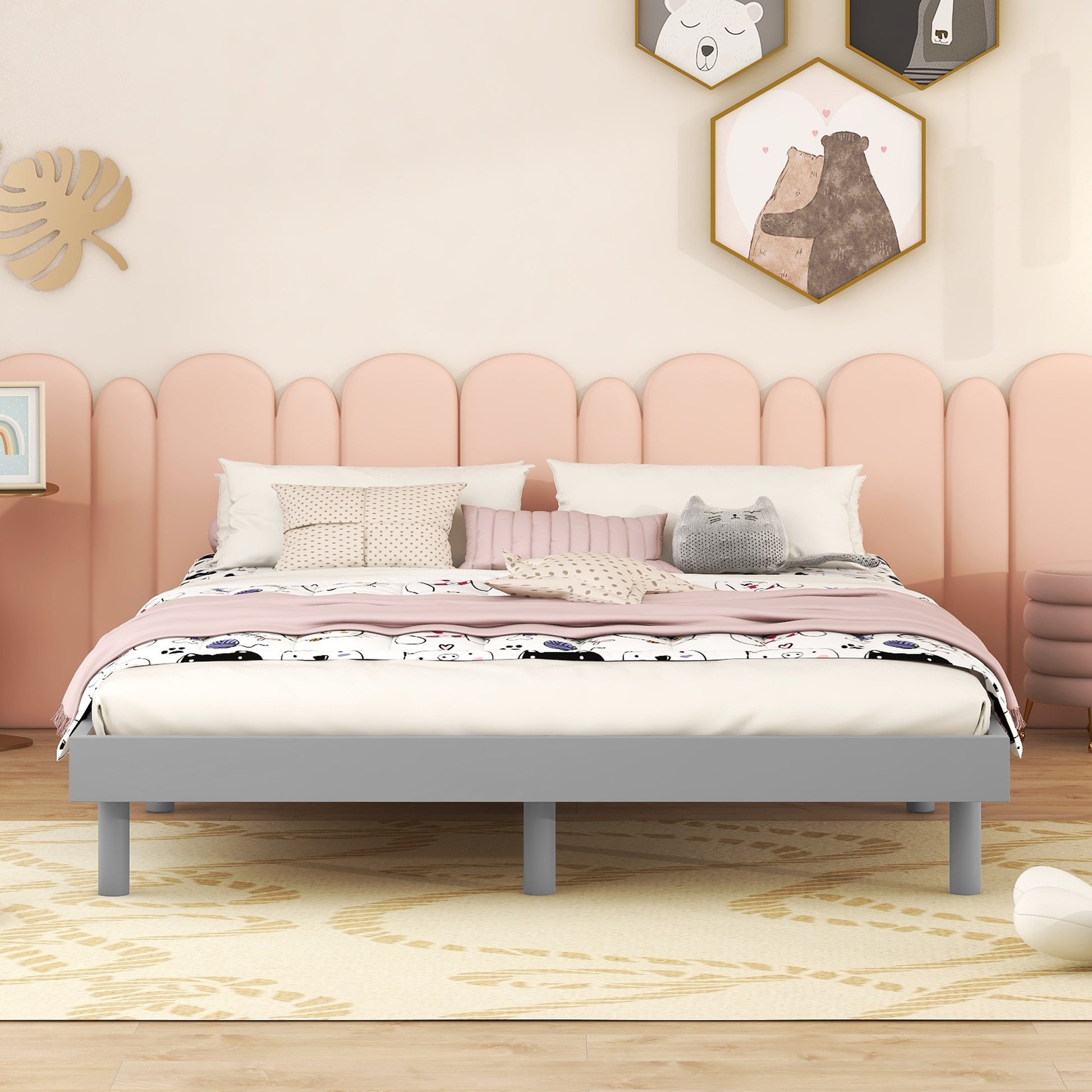 Modern Design Full Floating Platform Bed Frame For Grey Color Grey Particle Board