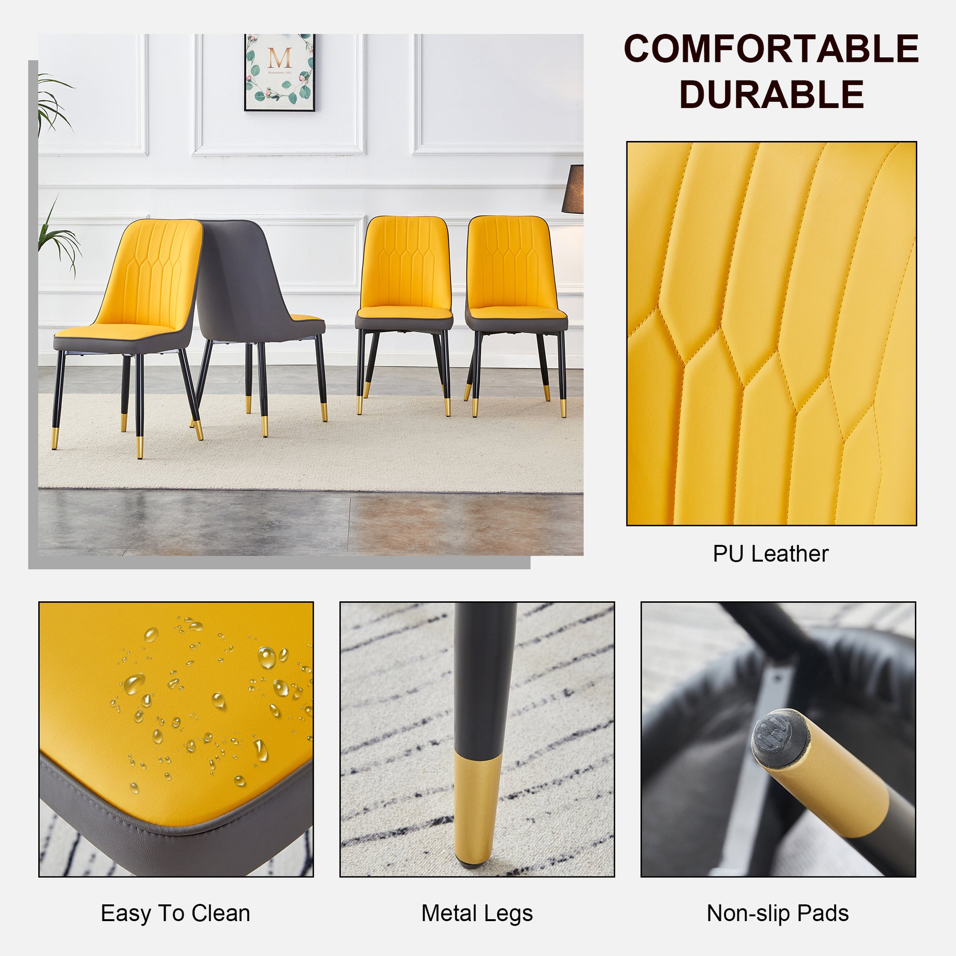 Table And Chair Set, 1 Table, 4 Pu Chairs. Black Imitation Marble Pattern Desktop. Black Mdf Table Legs. Chair With Orange Dark Gray Dual Tone Pu Leather Backrest And Black Metal Legs F Sq C 007 Black Mdf Glass