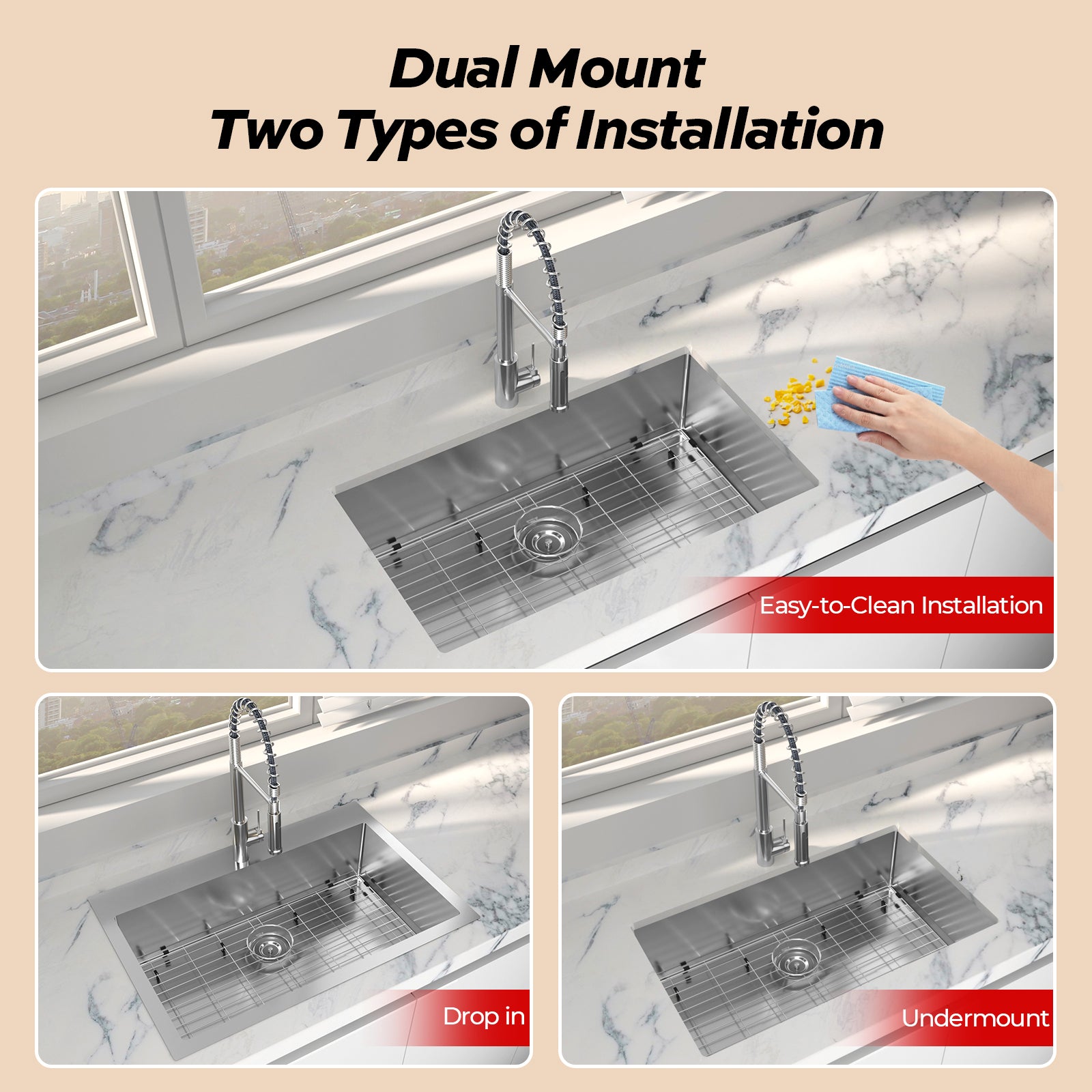 Tecasa 33 Inch Kitchen Sink Dual Mount Undermount Or Drop In Sink With Faucet Combo, All In One Single Bowl Stainless Steel Sink Silver Stainless Steel