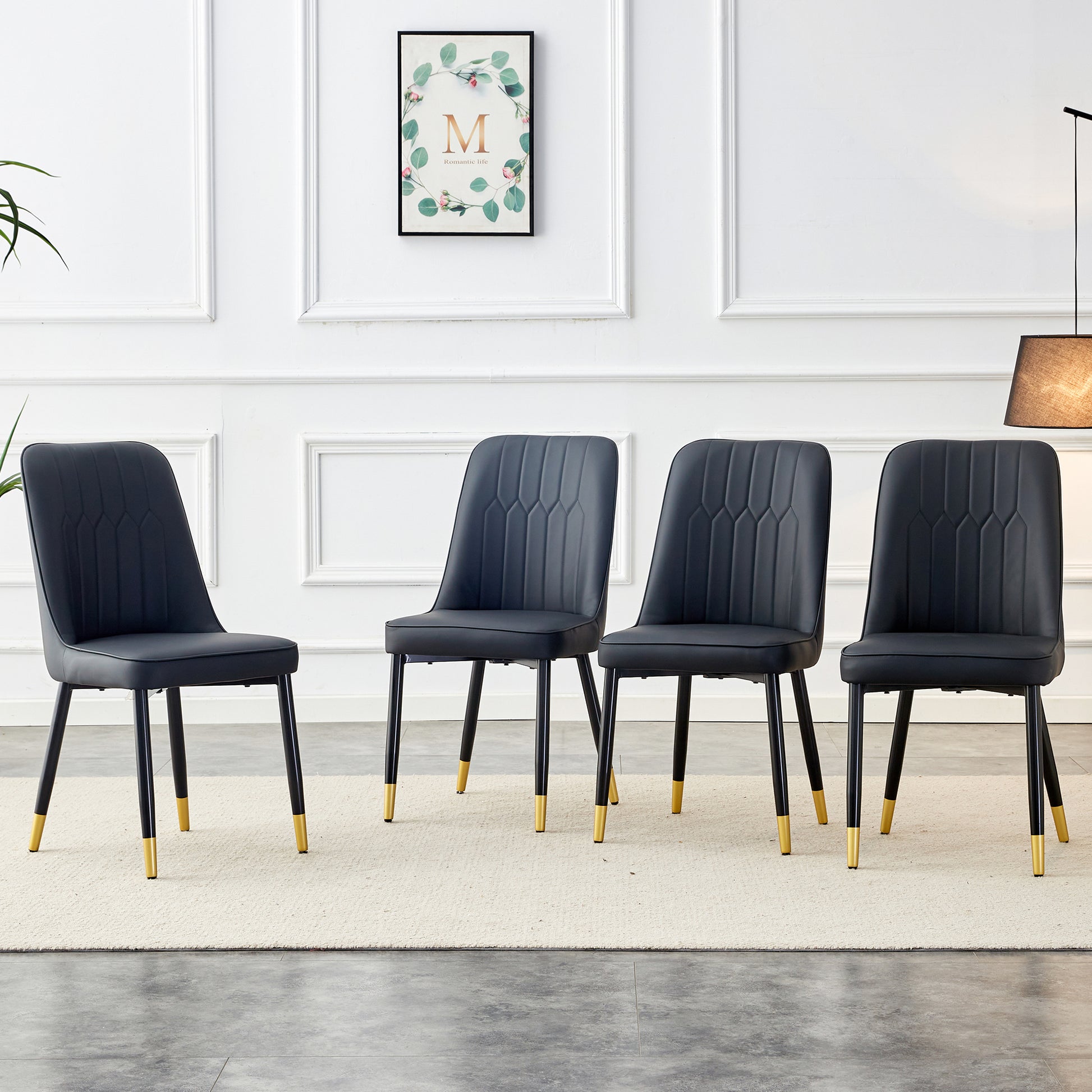 Table And Chair Set, 1 Table With 6 Black Pu Chairs. White Imitation Marble Pattern Desktop. Black Mdf Table Legs, Gold Lines, Black Base. F Sq C 007 White Mdf Glass