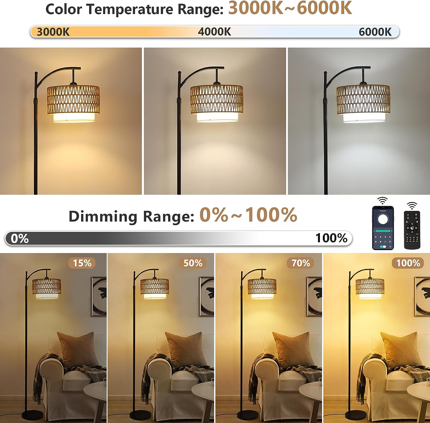 Arc Floor Lamp For Living Room With 3 Color Temperatures Brown Table&Floor Lamps Rattan