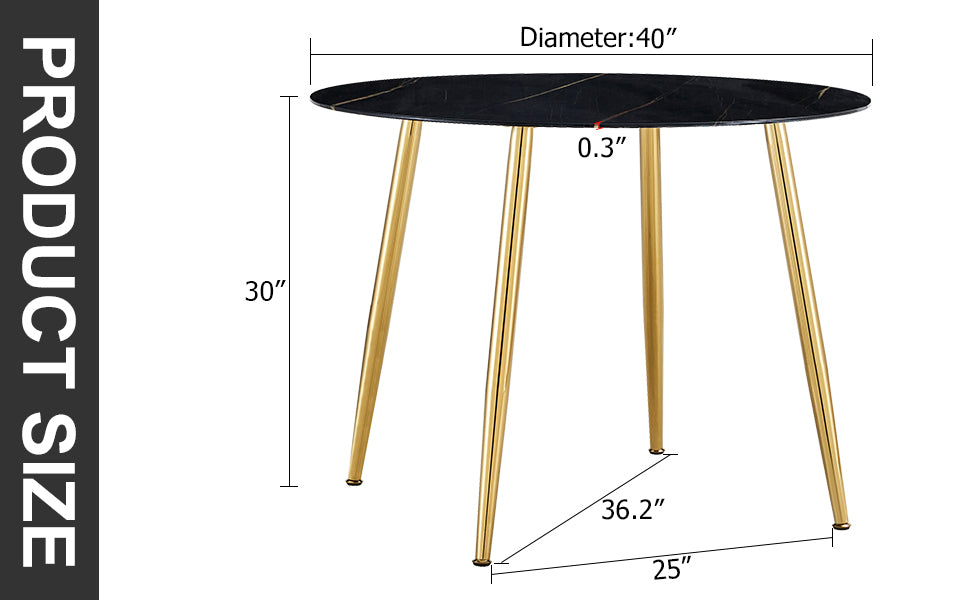 A Modern Minimalist Circular Dining Table With A Diameter Of 40 Inches, A 0.3 Inch Thick Black Imitation Marble Tabletop And Gold Plated Metal Legs, 40 '' * 40 '' * 30'' Dt 1164 Black Glass