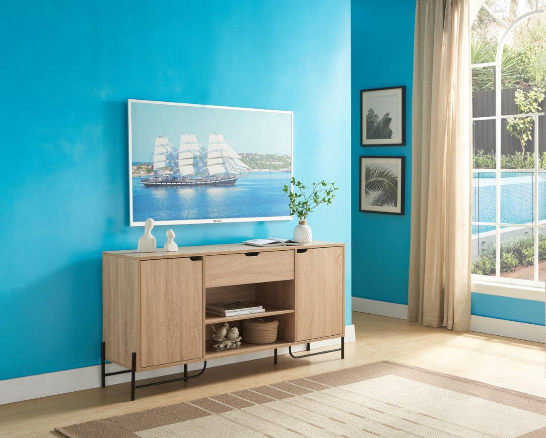 Buffet With Metal Legs With Two Door One Drawer Six Shelves Light Brown & Black Antique White Particle Board