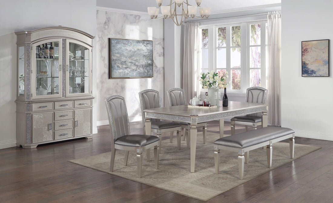 Luxury Formal Glam Style 6Pc Dining Set 18" Extendable Leaf Table Upholstered Chair Bench Sparkling Accents Silver Champagne Finish Dining Room Furniture Wood Wood Silver Seats 6 Wood Dining Room Extendable Modern Rectangular Dining Table With Chair And