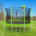 10Ft Trampoline For Kids With Safety Enclosure Net, Basketball Hoop And Ladder, Easy Assembly Round Outdoor Recreational Trampoline Green Metal