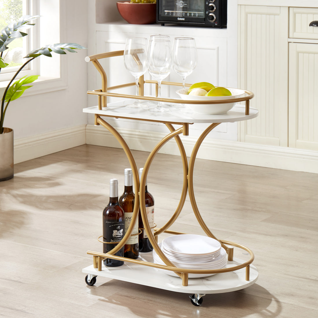 2 Tier Bar Cart, Mobile Bar Serving Cart,