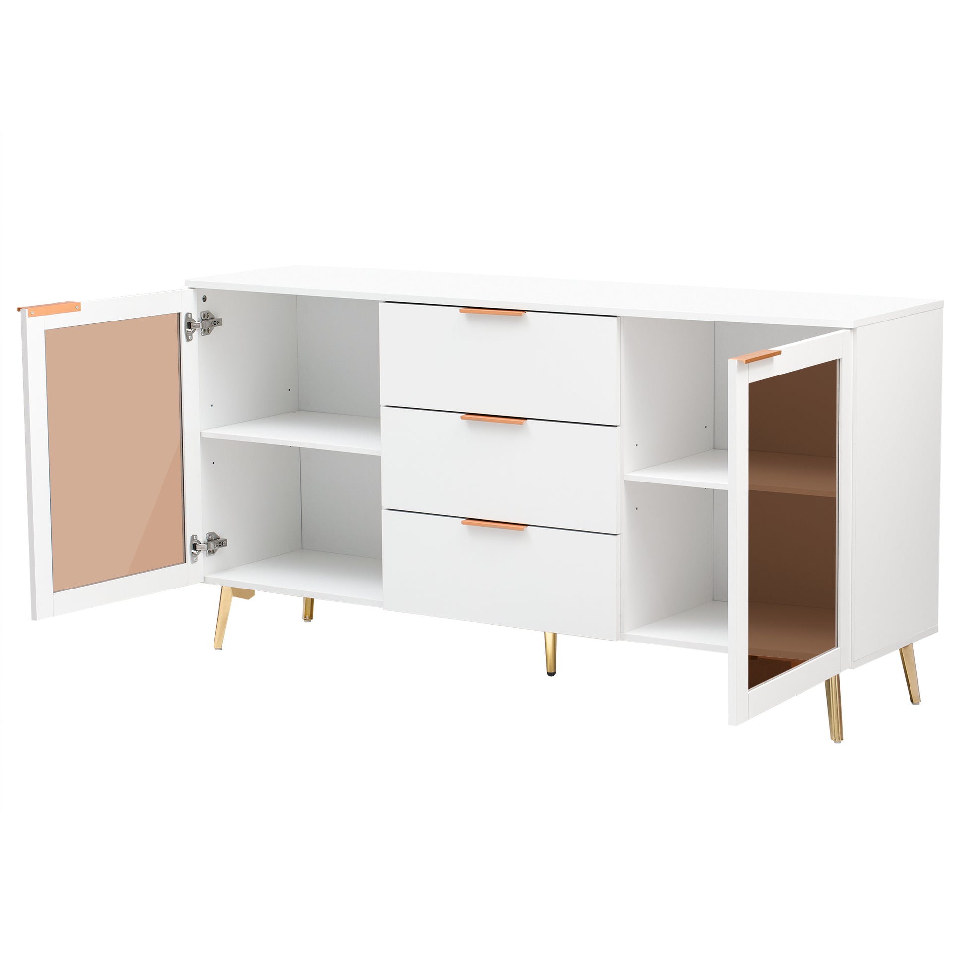 Featured Two Door Storage Cabinet With Three Drawers And Metal Handlessuitable For Corridors, Entrances And Living Rooms 3 4 Shelves White Primary Living Space Drawers Included American Design Mdf