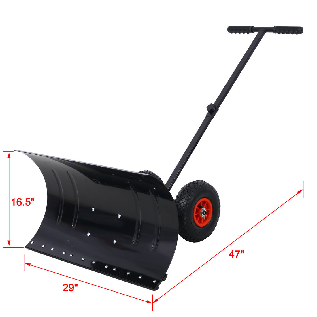 Snow Shovel With Wheels, Snow Pusher, Cushioned Adjustable Angle Handle Snow Removal Tool, 29" Blade, 10" Wheels,Black Color Black Sheet Metal