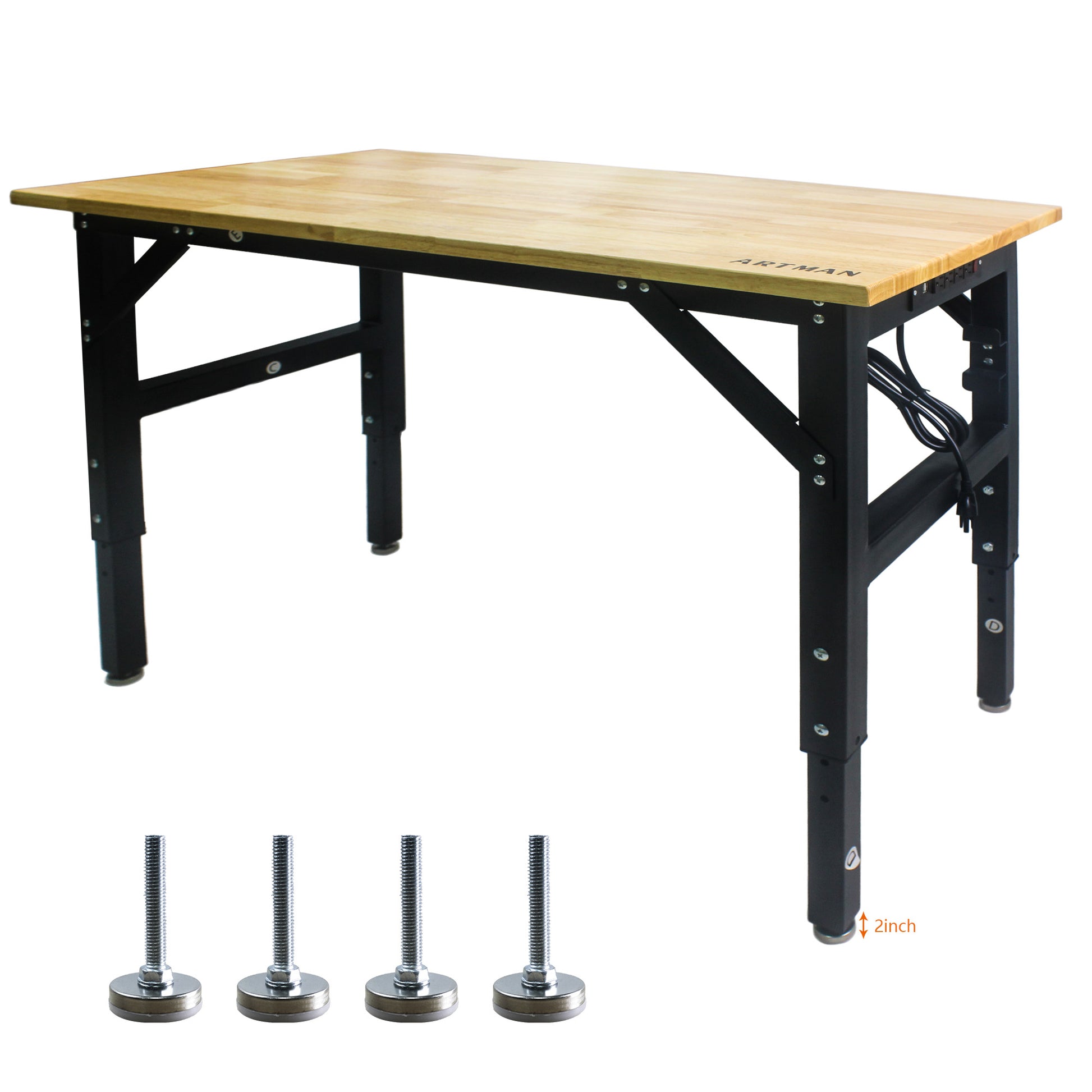 Metal Adjustable Worktable With Socket And Wooden Top Black Manual Metal