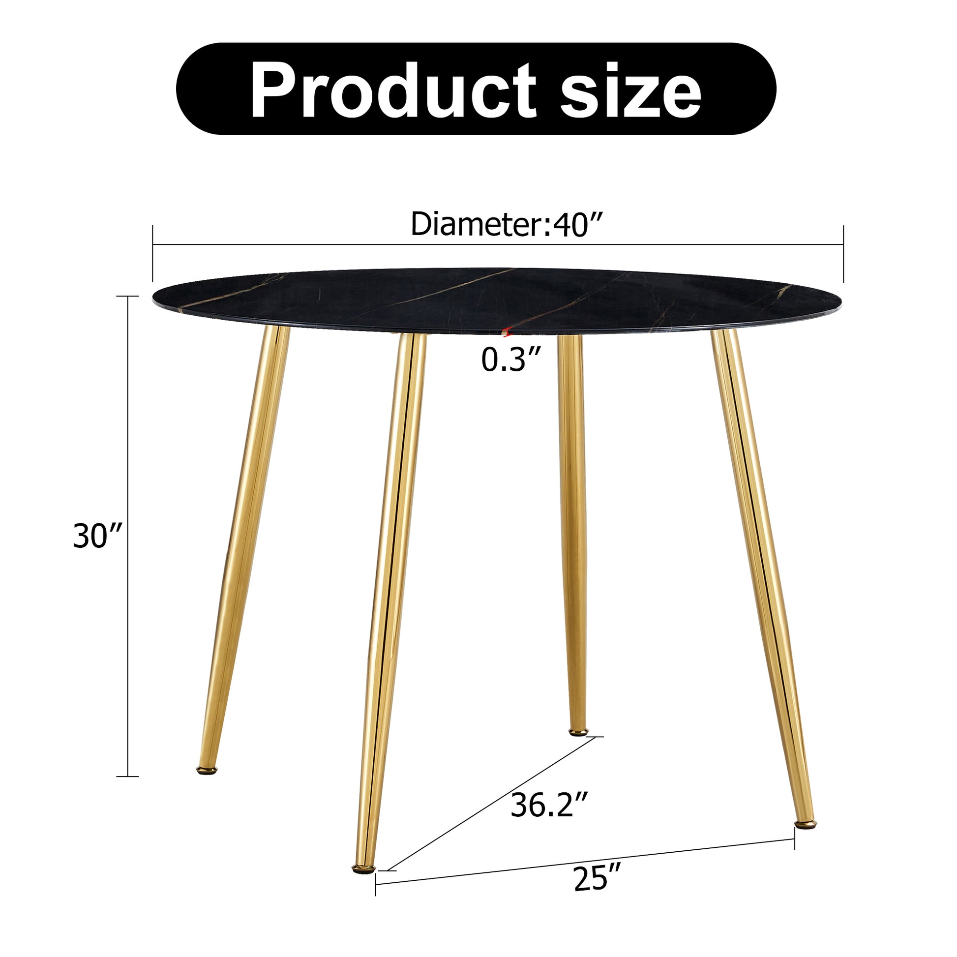 A Modern Minimalist Circular Dining Table With A Diameter Of 40 Inches, A 0.3 Inch Thick Black Imitation Marble Tabletop And Gold Plated Metal Legs, 40 '' * 40 '' * 30'' Dt 1164 Black Glass