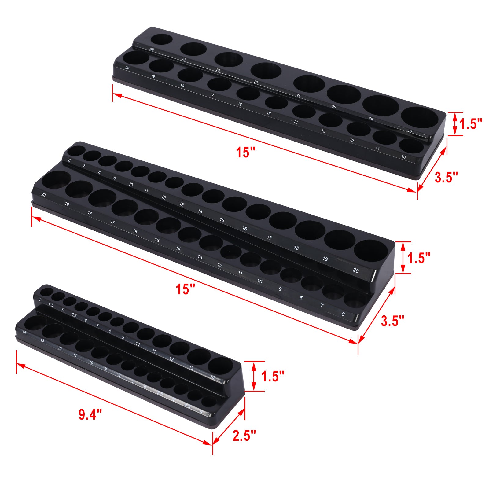 3 Piece Metric Magnetic Socket Organizers, Socket Organizers For Toolboxes, Socket Organizer, Magnetic Socket Holder, Black Tool Box Organizer.3Set,Black,Metric Black Plastic