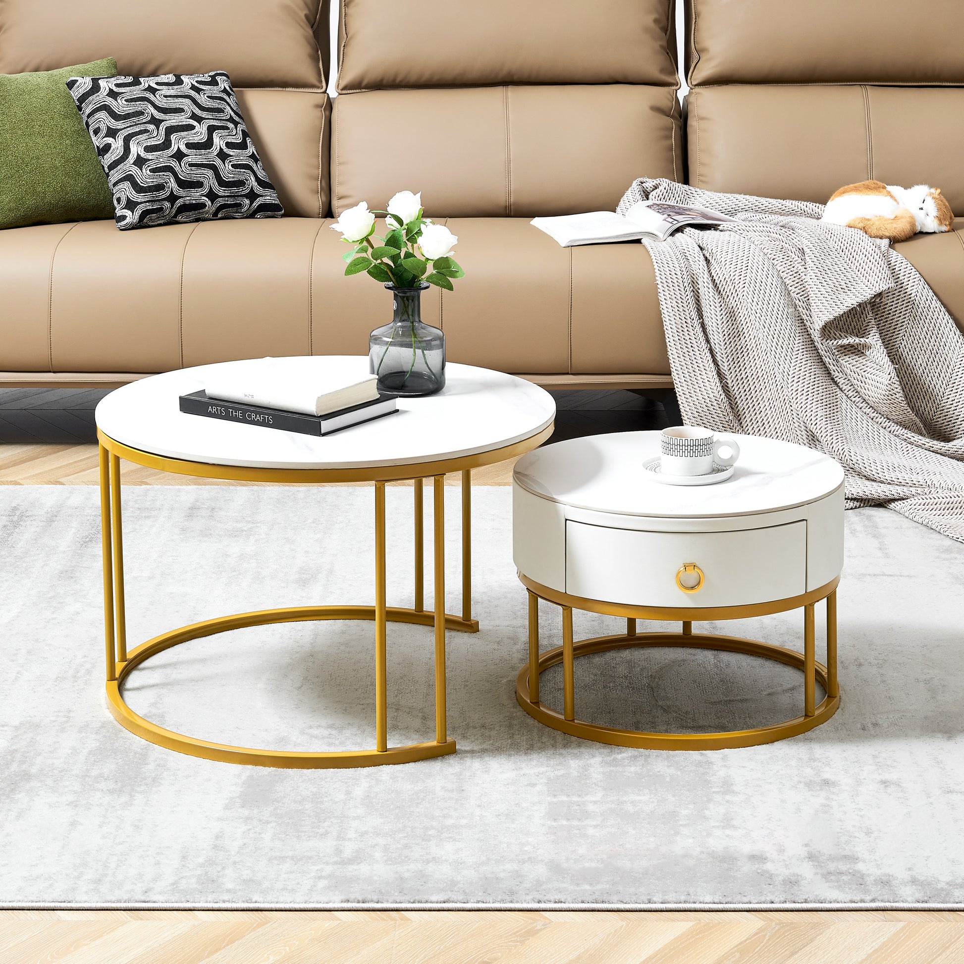 Coffee Table Nesting Set Of 2, Circular Sintered Stone Marble Entable, For Living Room Bedroom Apartment Modern Industrial Simple Nightstand Gold Gold Steel