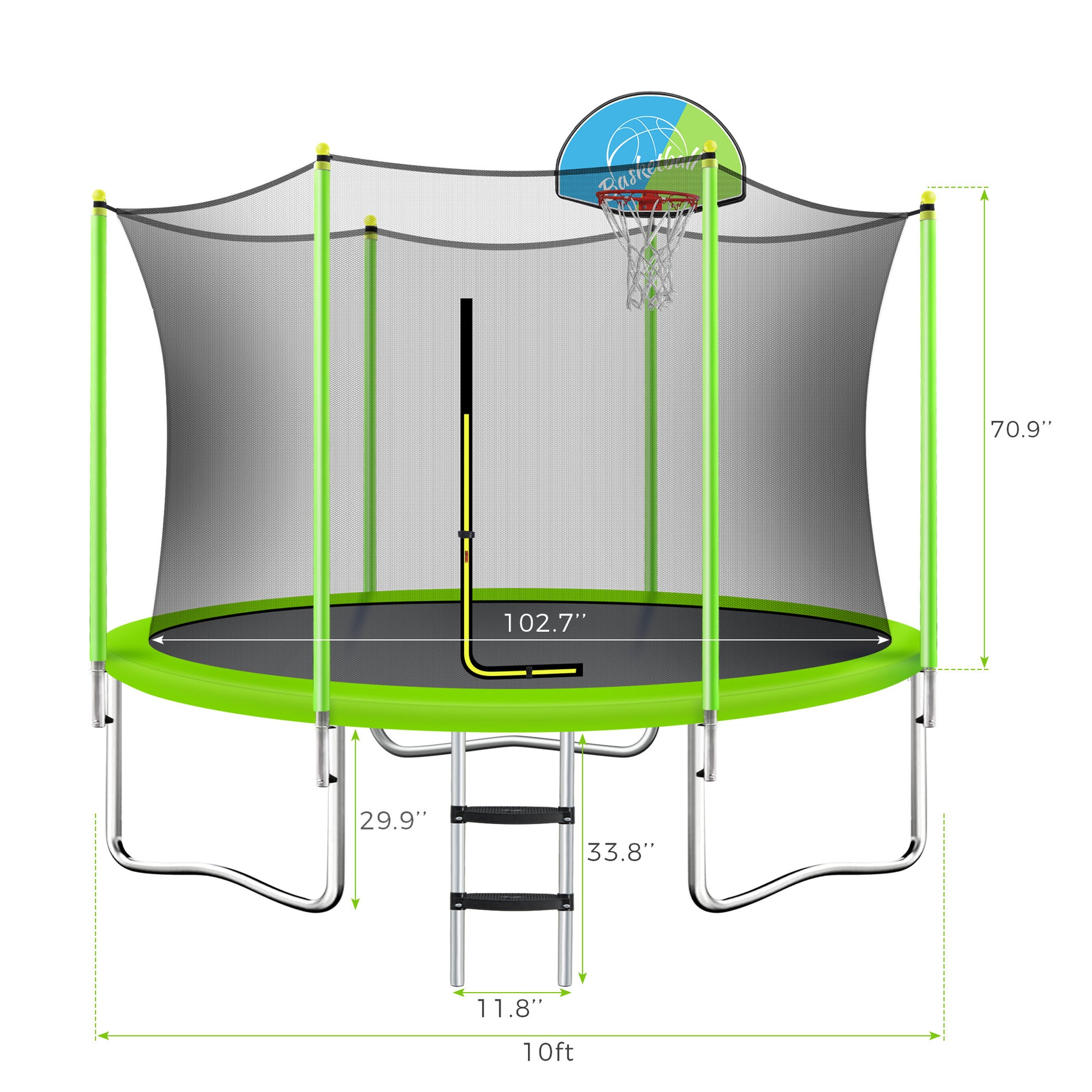 10Ft Trampoline For Kids With Safety Enclosure Net, Basketball Hoop And Ladder, Easy Assembly Round Outdoor Recreational Trampoline Green Metal