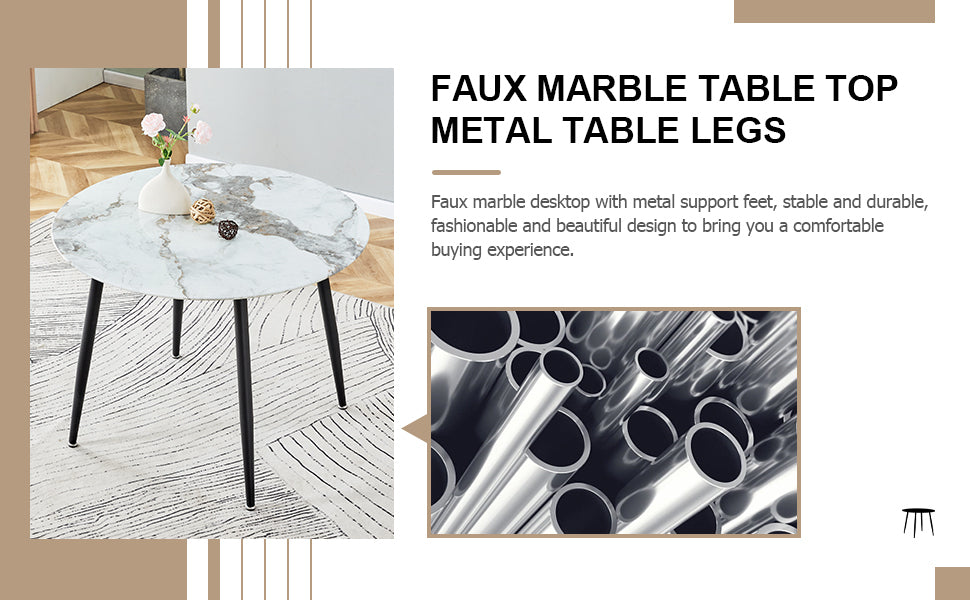 A Modern Minimalist Circular Dining Table With A Diameter Of 40 Inches, A 0.3 Inch Thick Imitation Marble Pattern Tabletop And Black Metal Legs 40 '* 40' * 30 'Dt 1164 White Glass