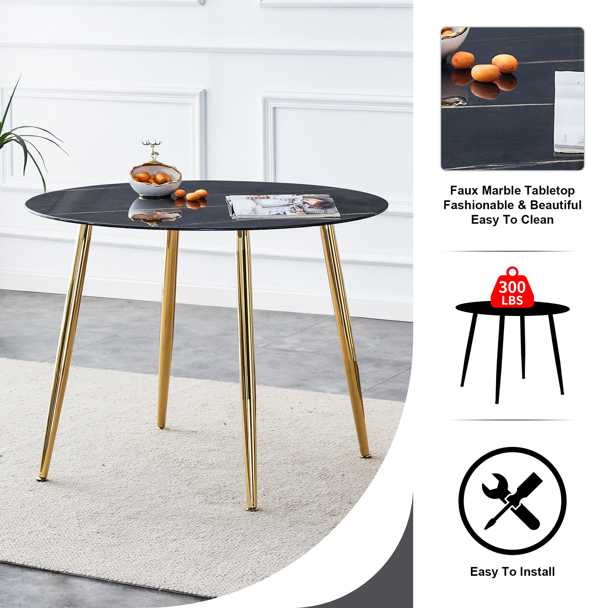 A Modern Minimalist Circular Dining Table With A Diameter Of 40 Inches, A 0.3 Inch Thick Black Imitation Marble Tabletop And Gold Plated Metal Legs, 40 '' * 40 '' * 30'' Dt 1164 Black Glass