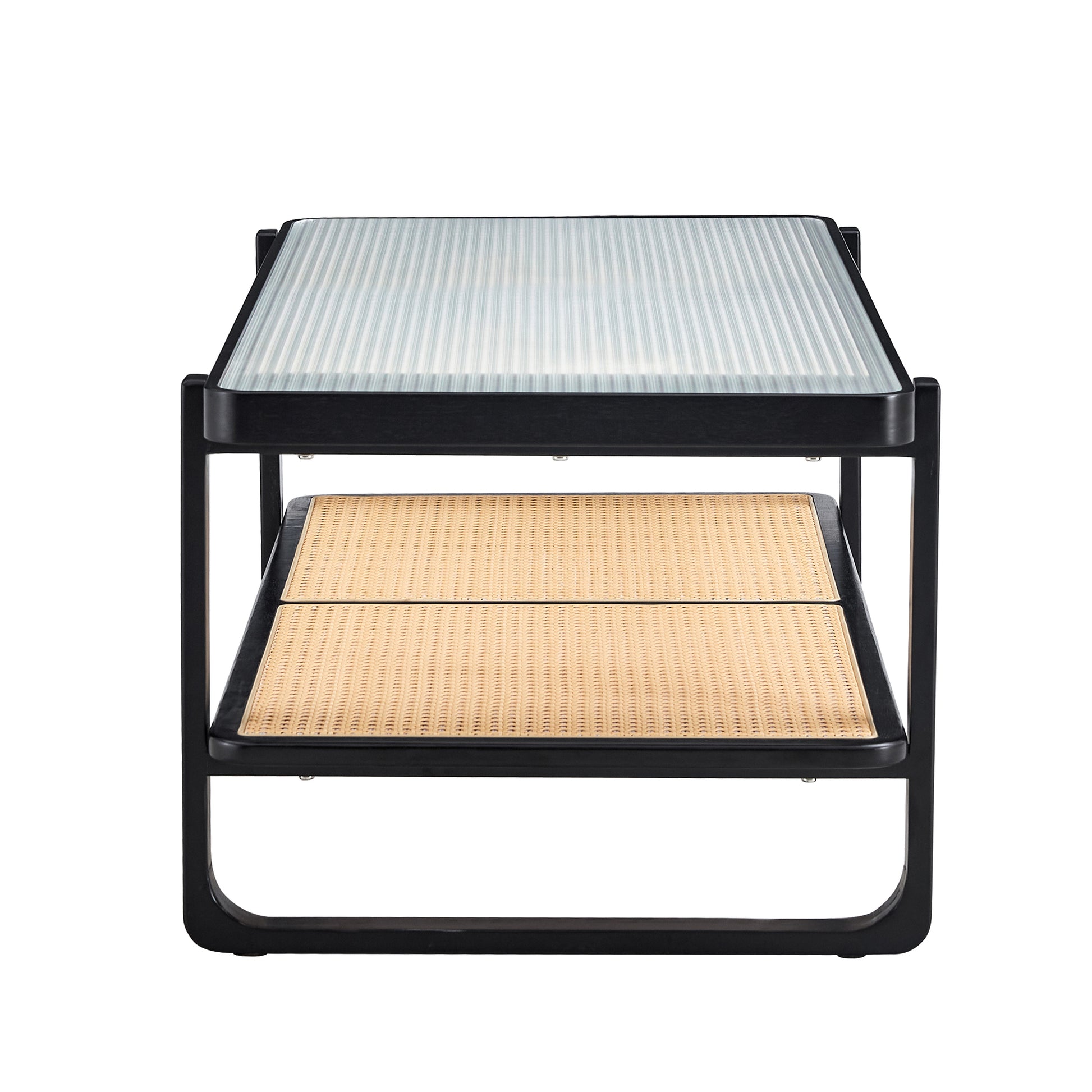 Modern Minimalist Rectangular Double Layer Black Solid Wood Imitation Rattan Coffee Table With A Chinese Style Side Table With Craft Glass Tabletop, Suitable For Living Rooms, Restaurants, Bedrooms Black Glass