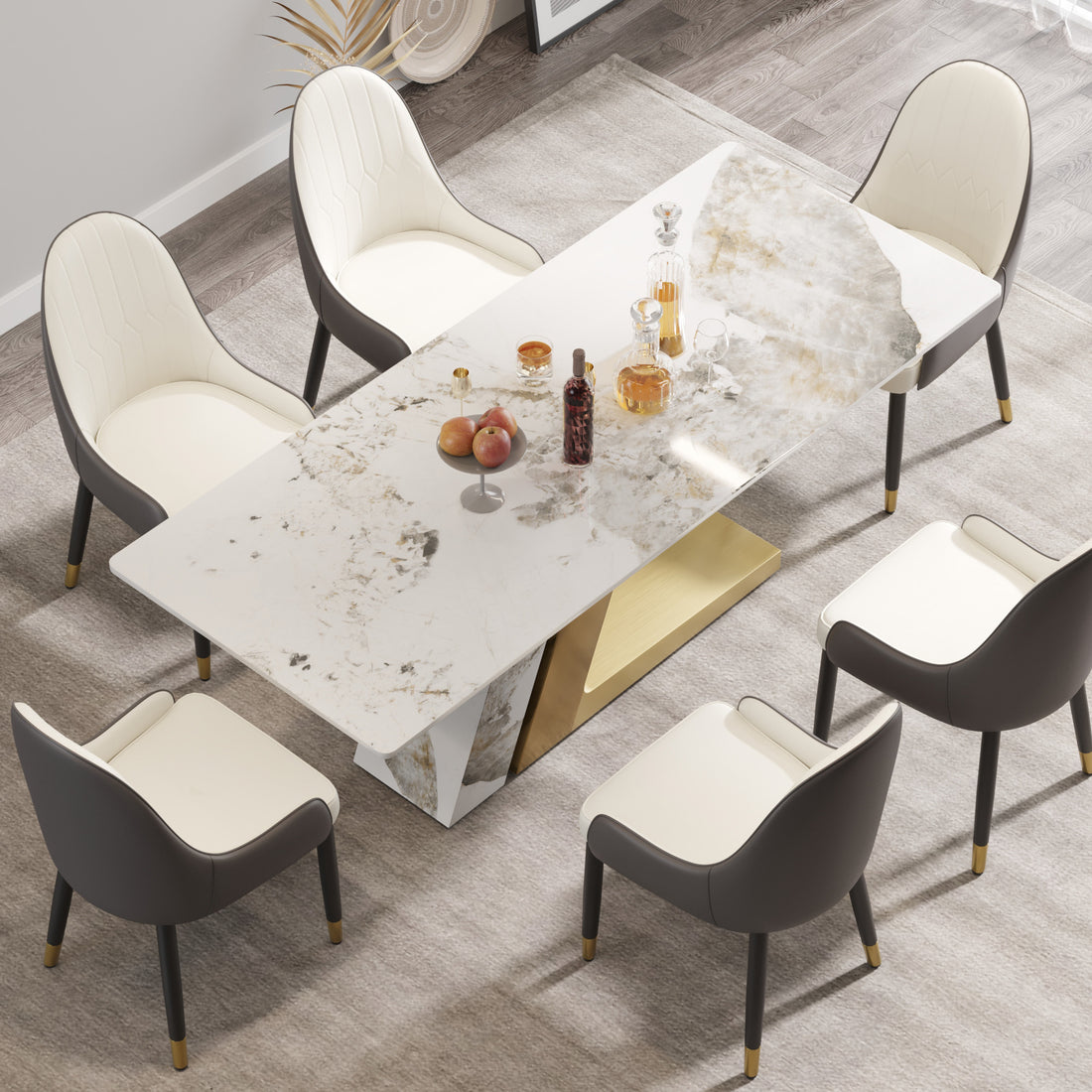 78.74"Modern Artificial Stone Pandora Straight Panel, Golden White Metal Legs Can Accommodate 8 People. Not Including Chairs Black Dining Room Metal Sintered Stone