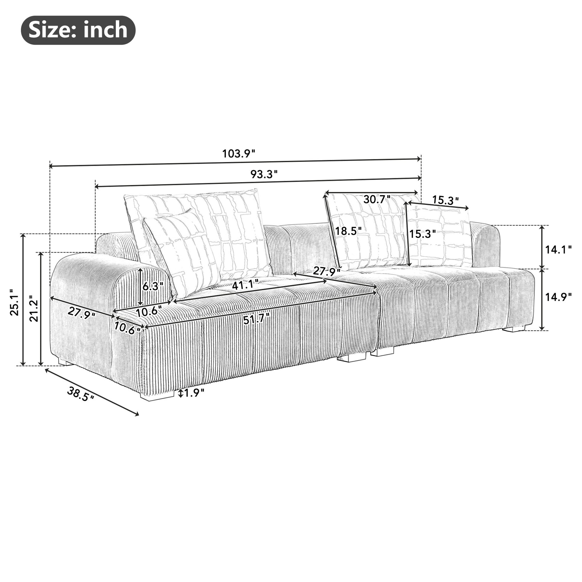 103.9" Modern Couch Corduroy Fabric Comfy Sofa With Rubber Wood Legs, 4 Pillows For Living Room, Bedroom, Office, Beige Beige Corduroy 2 Seat